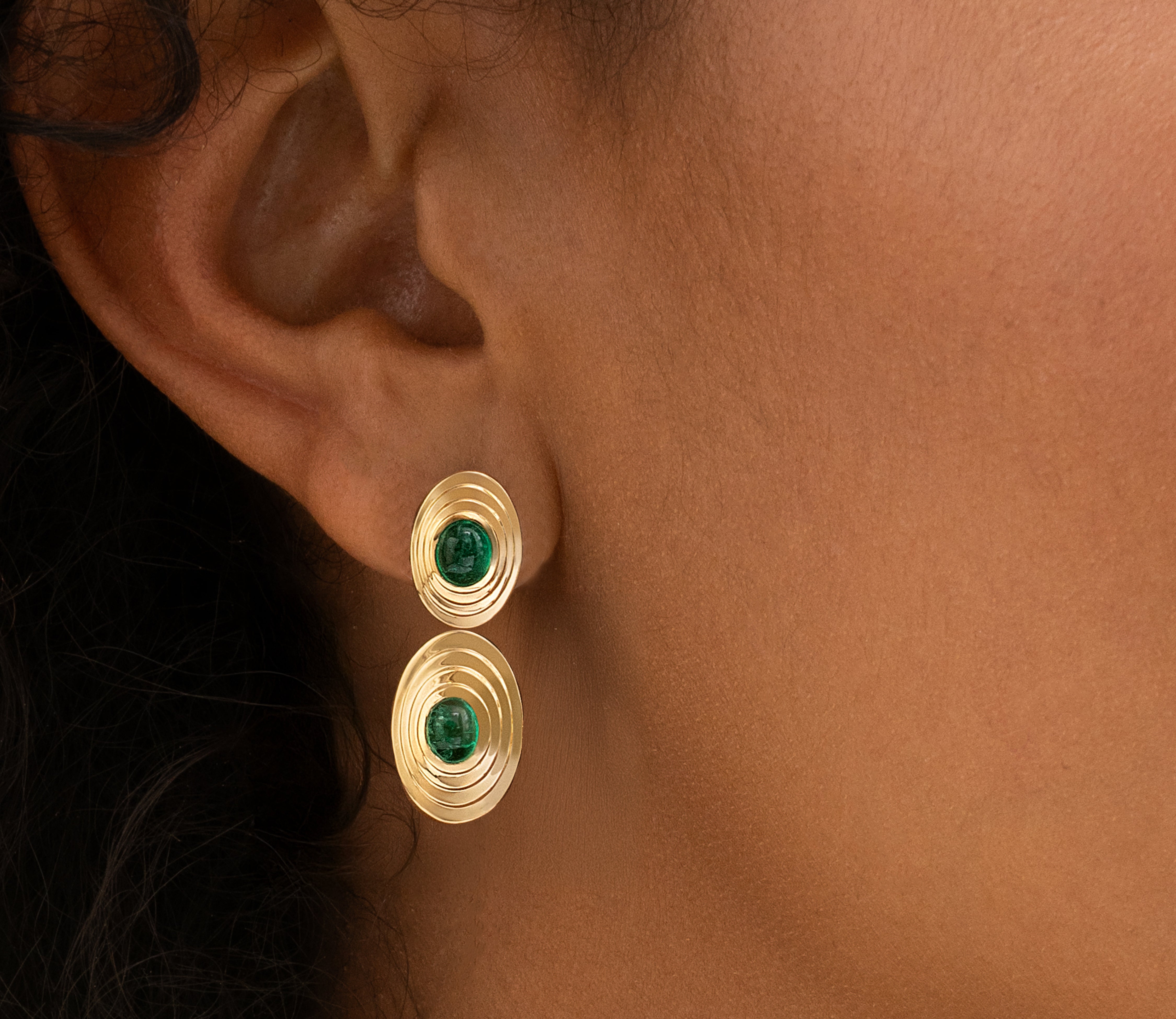 Emerald Cabochon Double N-S Oval Layered Earrings