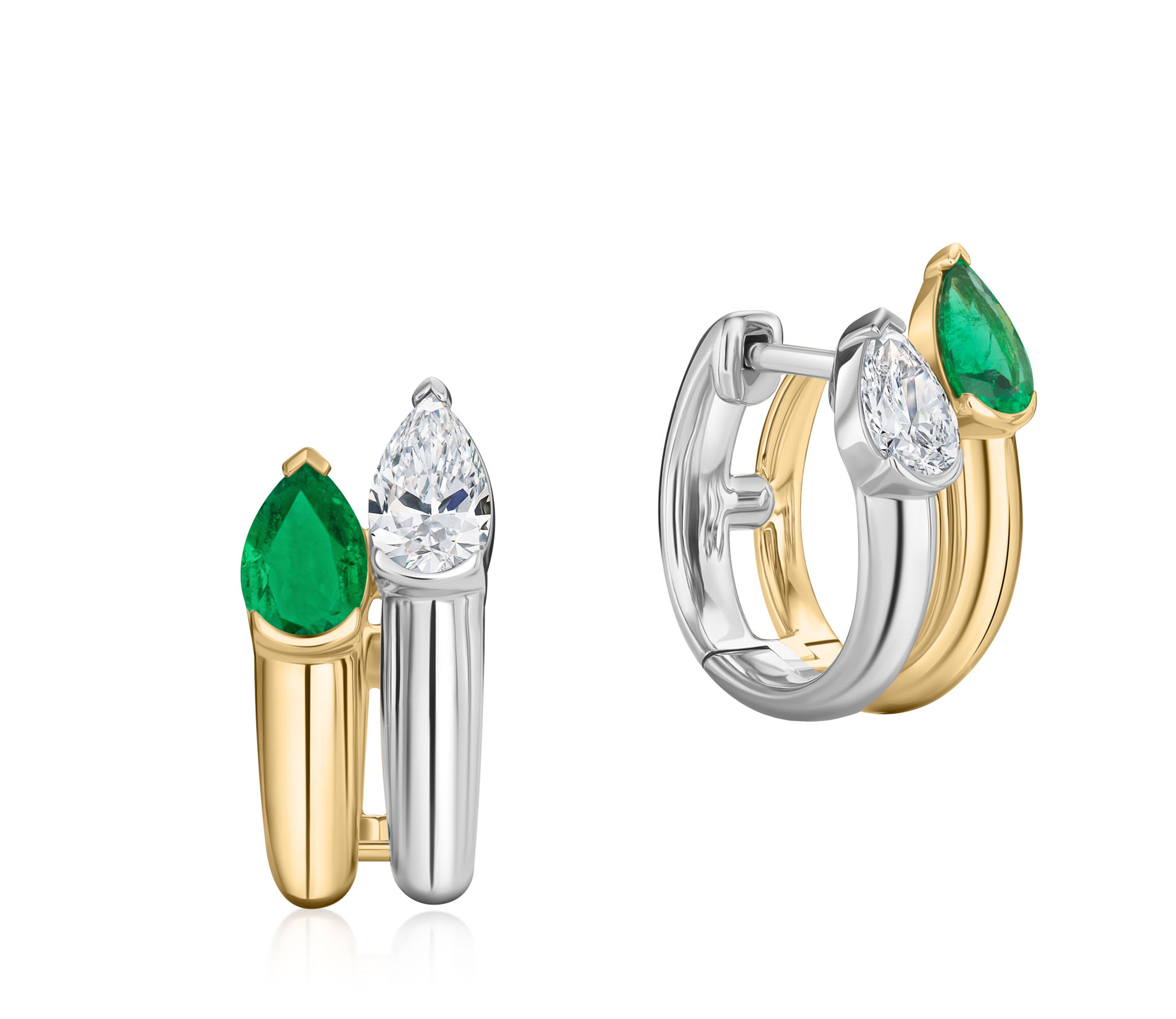 Pear Shape Diamond & Colombian Emerald Toi et Moi Huggies