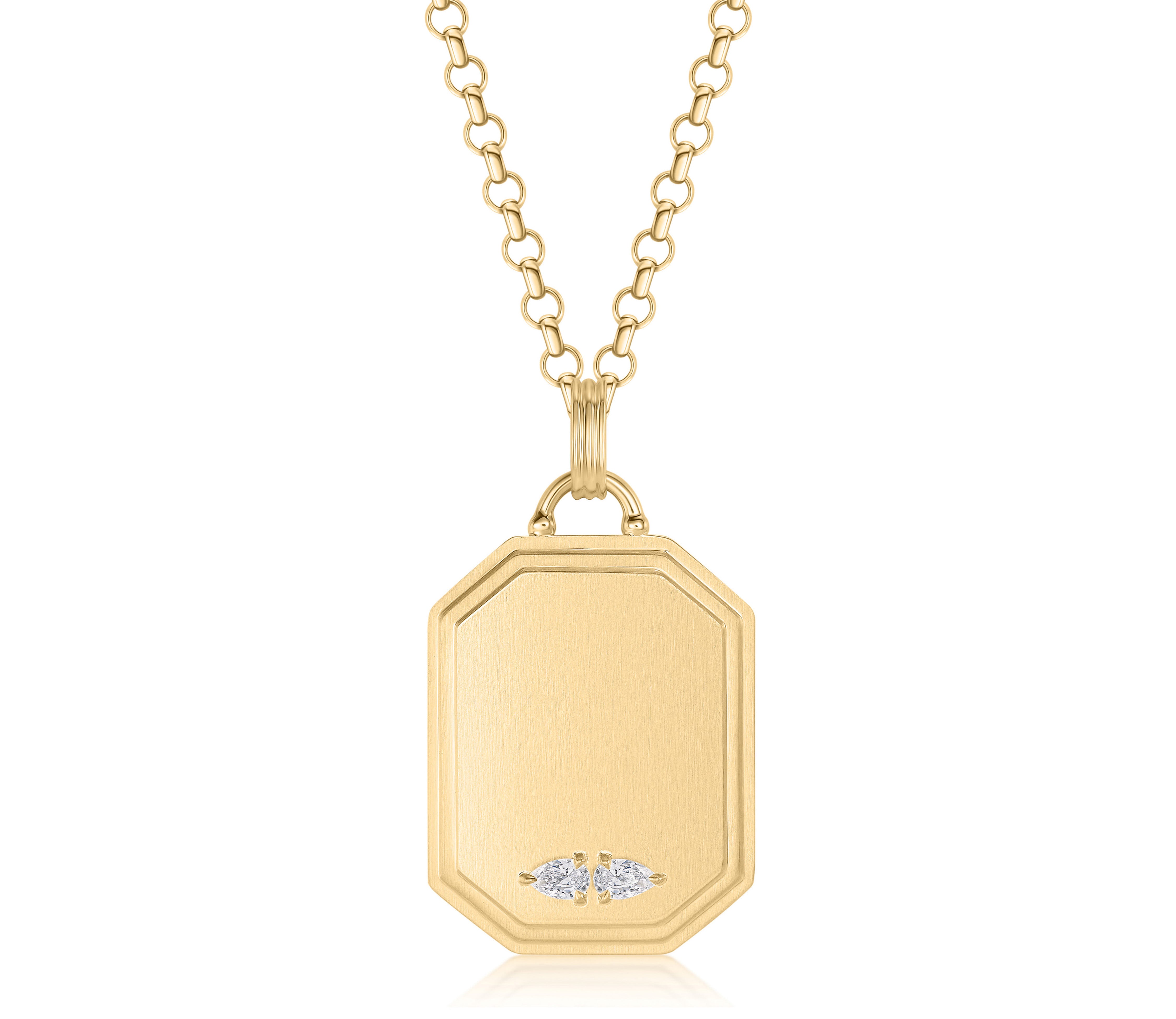 18k Yellow Gold 28mm Dog Tag Pear Diamond Necklace