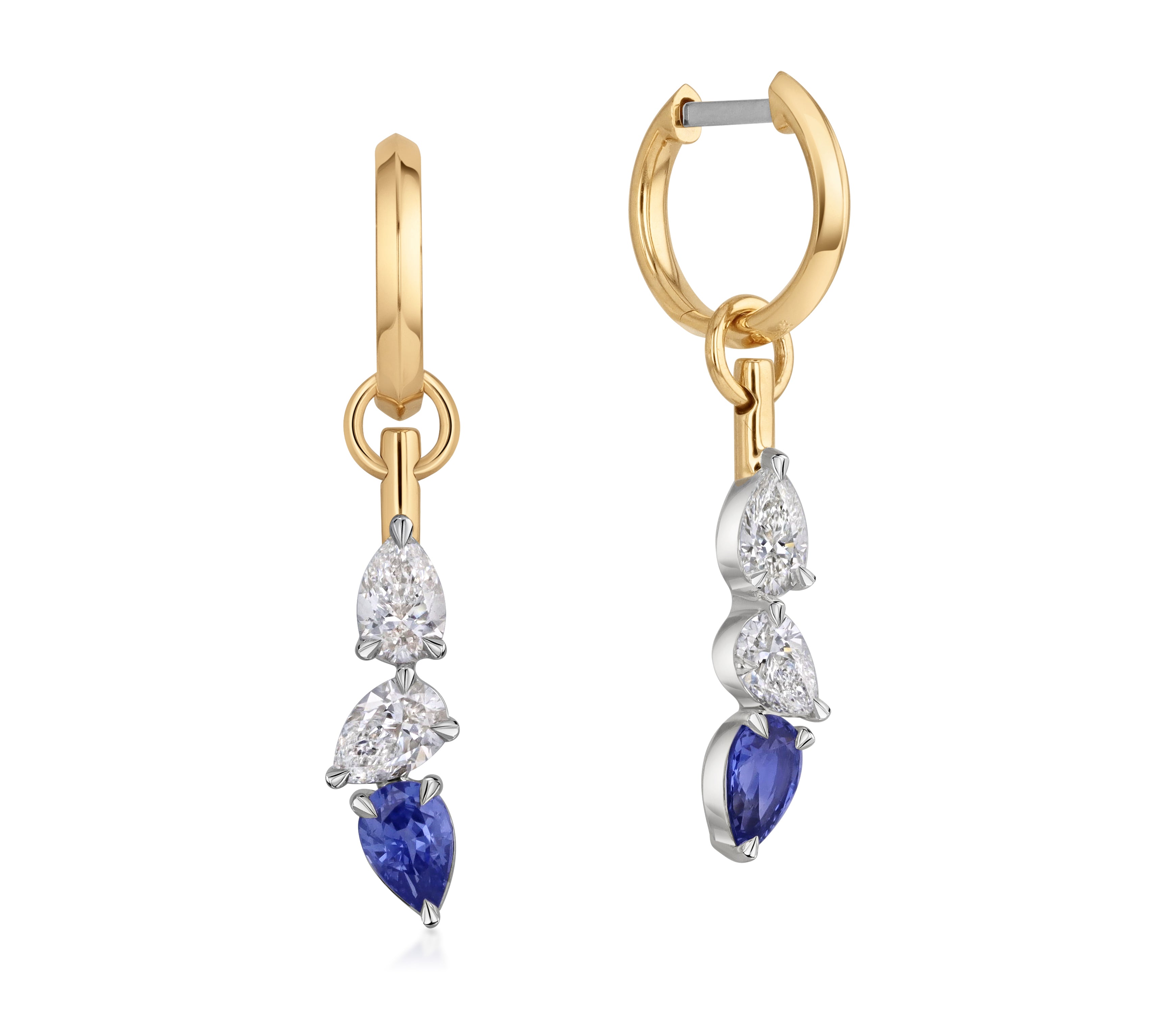 18k yellow gold drop hoop earrings with two pear-shaped natural diamonds and a pear-shaped blue sapphire in platinum settings.