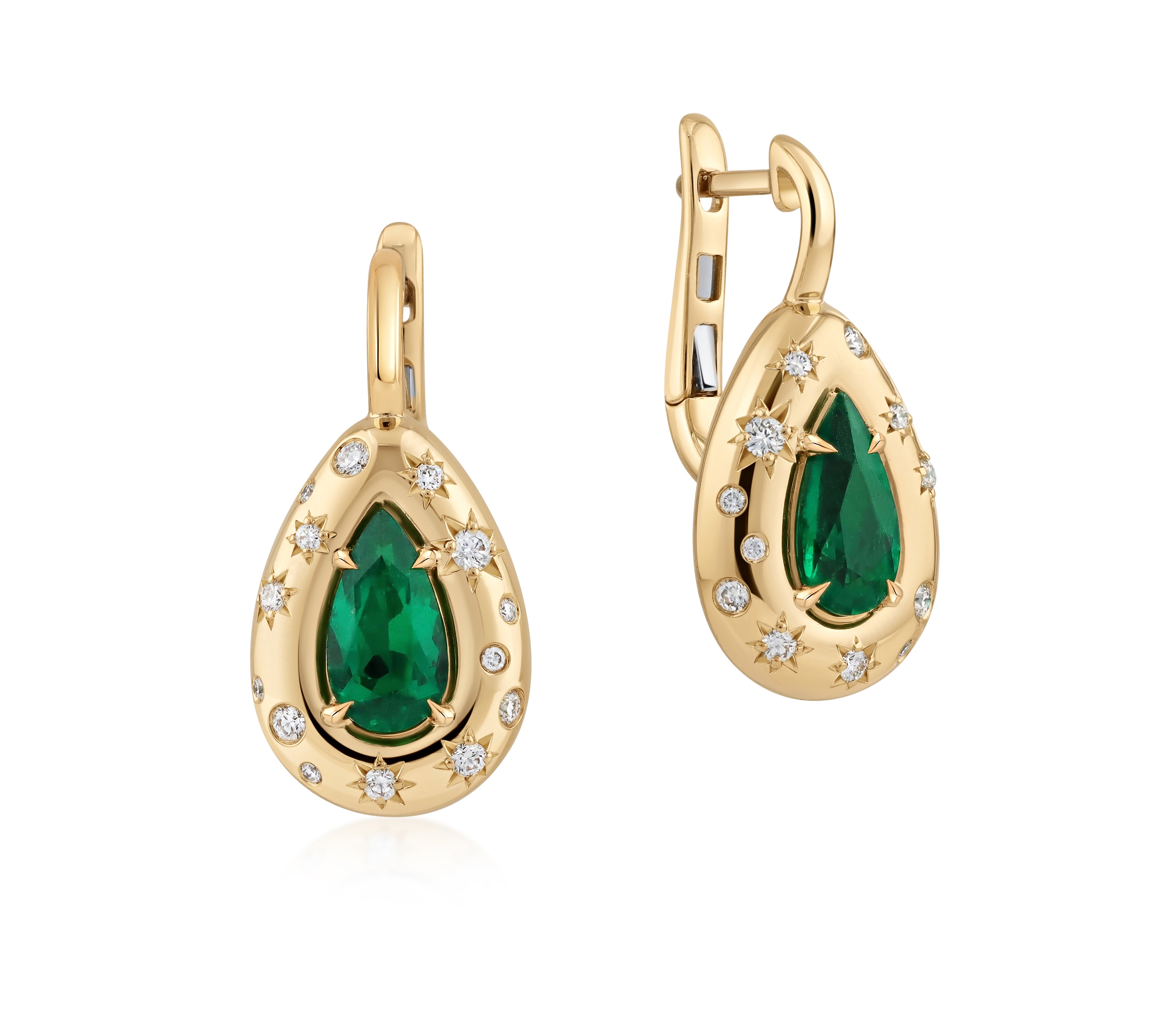 Long Pear Shape Colombian Emerald Star Set Leverbacks