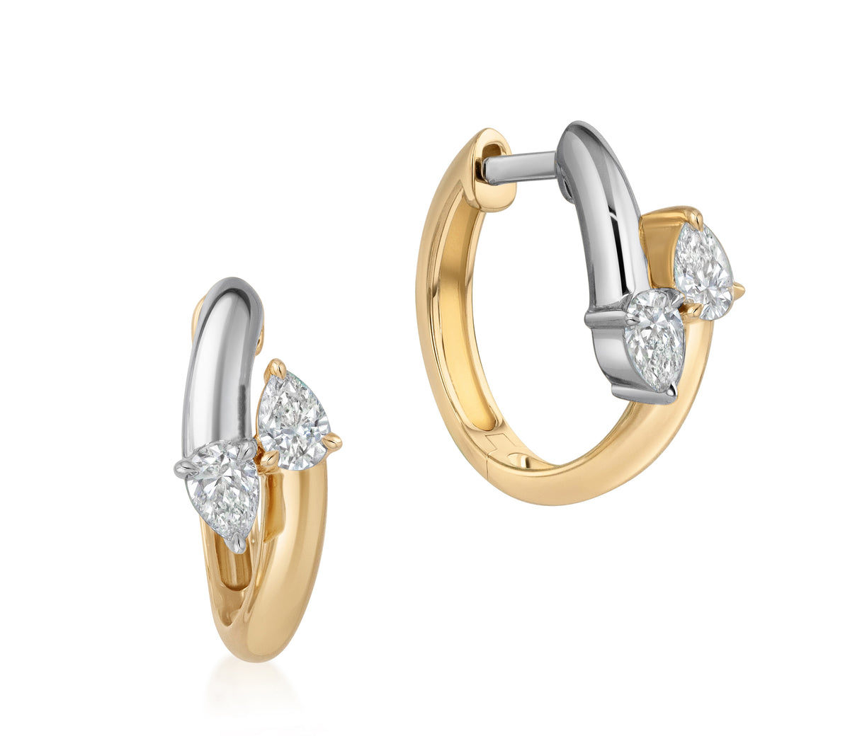18k yellow gold and platinum hoop earrings with pear-shaped natural diamonds in a two tone setting.