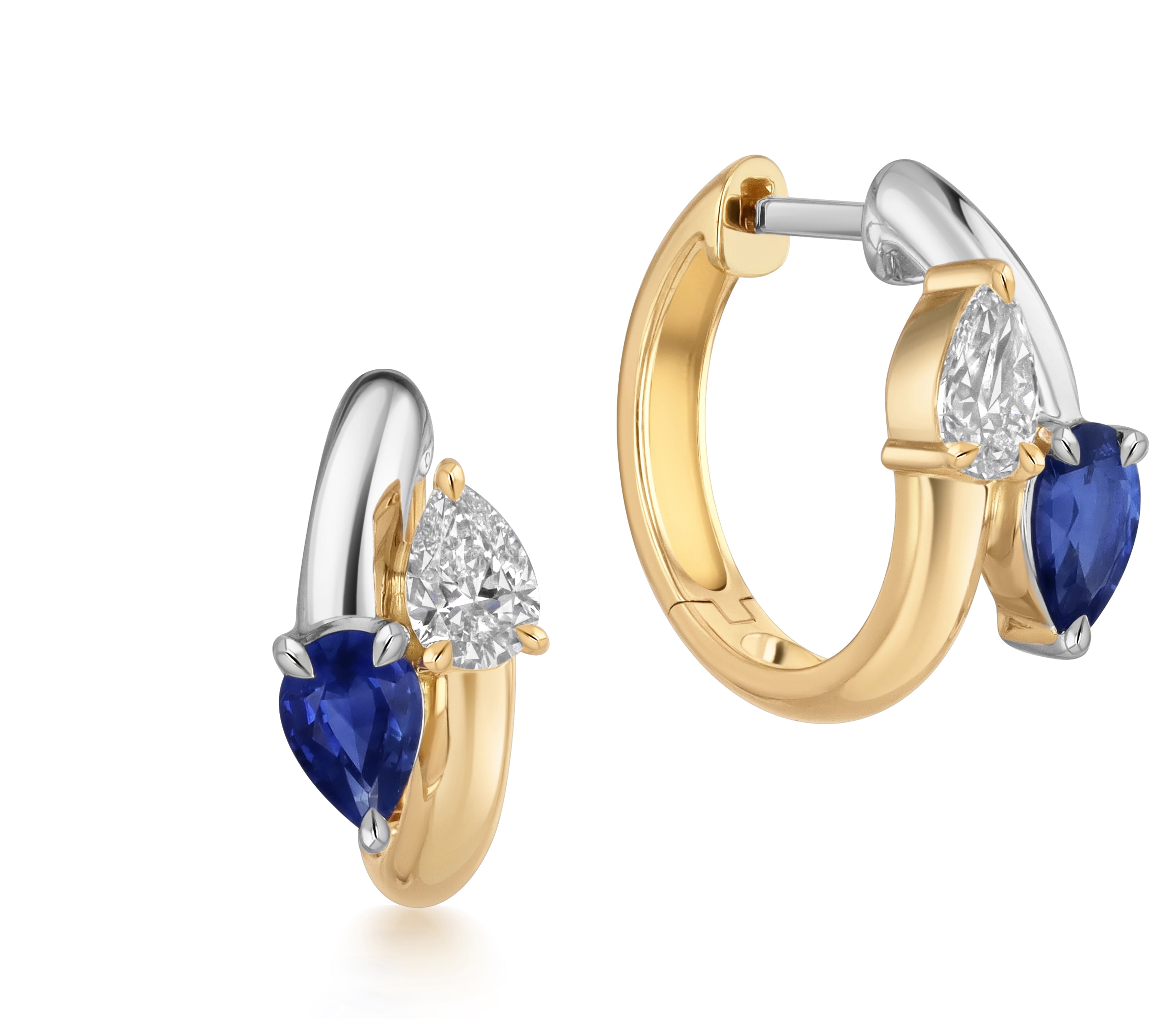 18k yellow gold and platinum hoop earrings with pear-shaped natural diamonds and blue sapphires in a two-stone design.