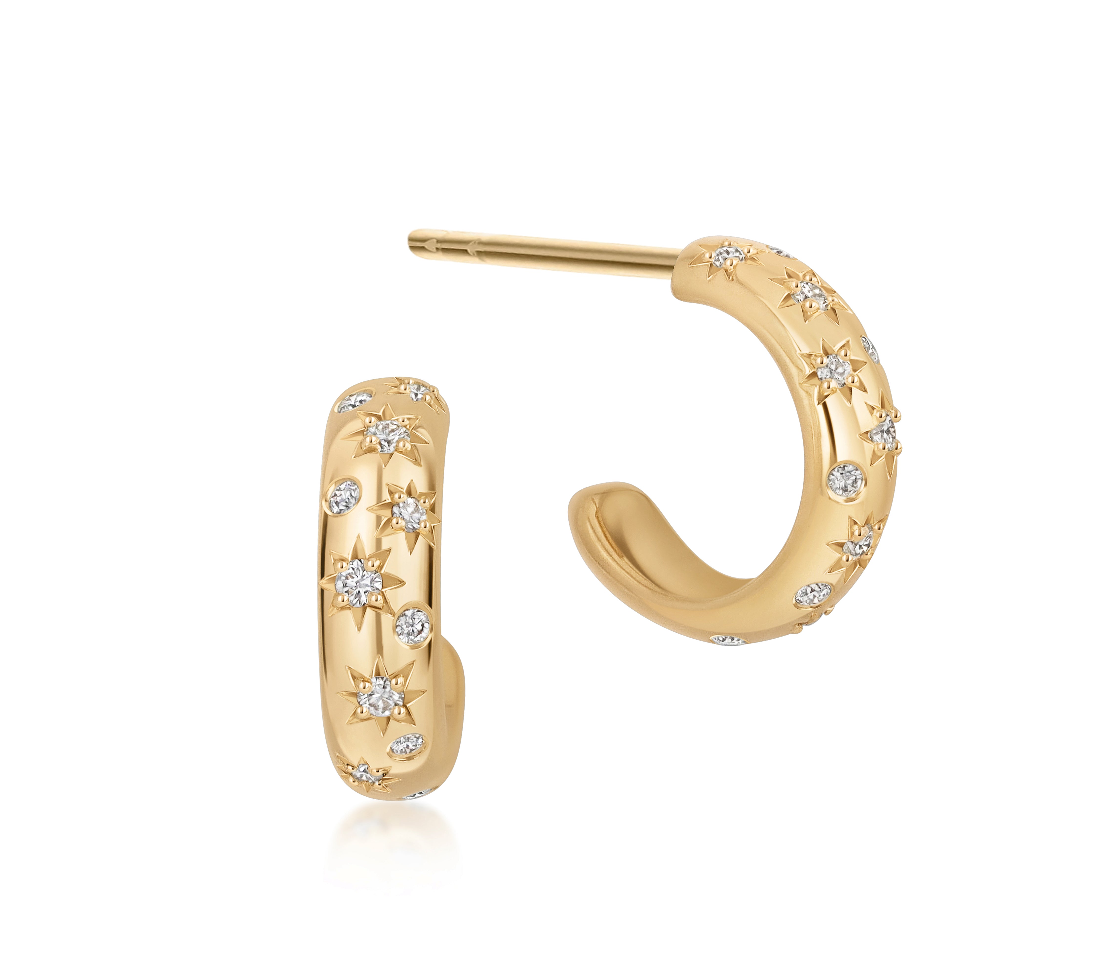 18k yellow gold hoop earrings with scattered star-set and burnished natural diamond accents.