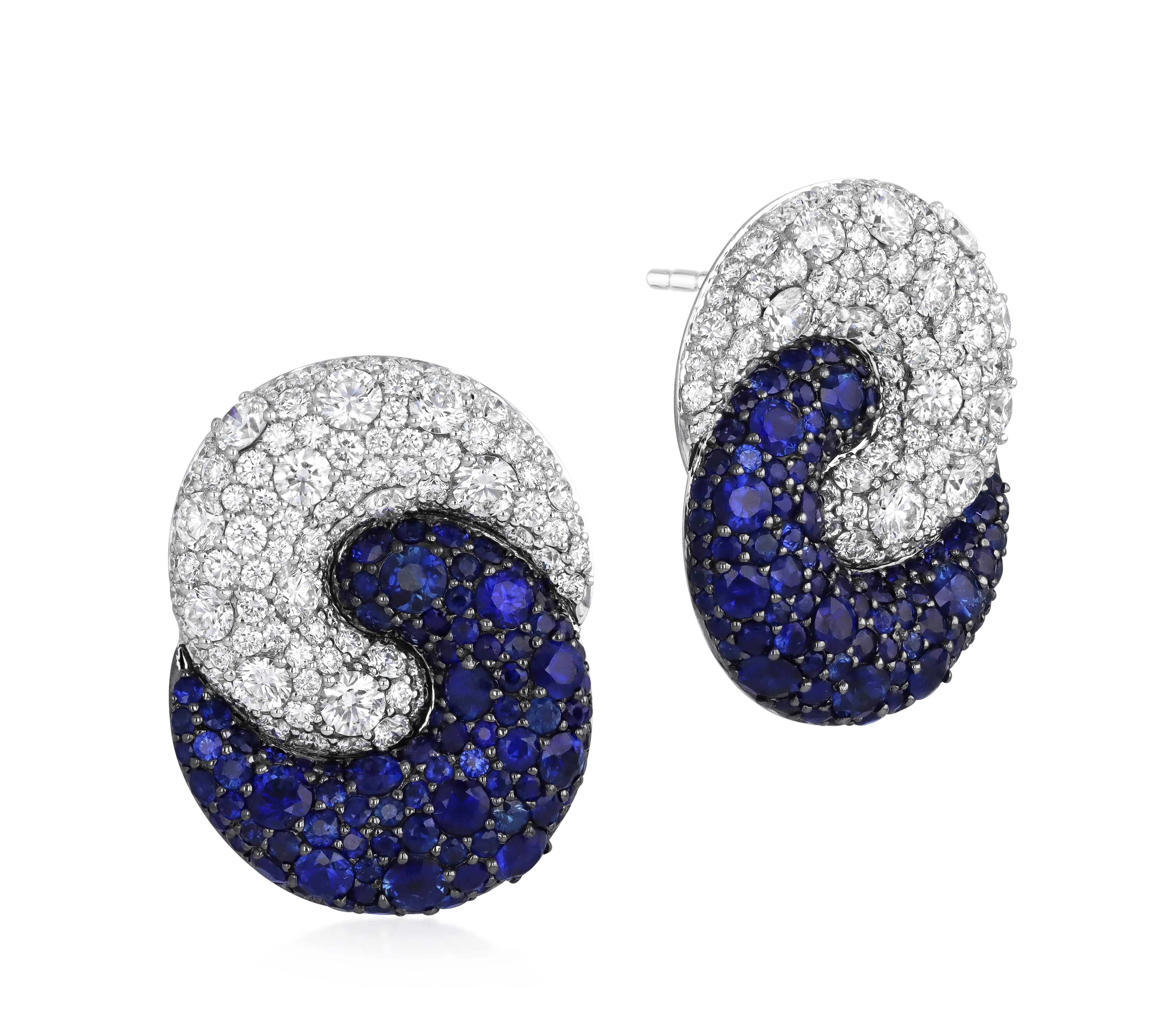 Large Duet Earrings in 18k white gold with blue sapphires and brilliant pave diamonds.