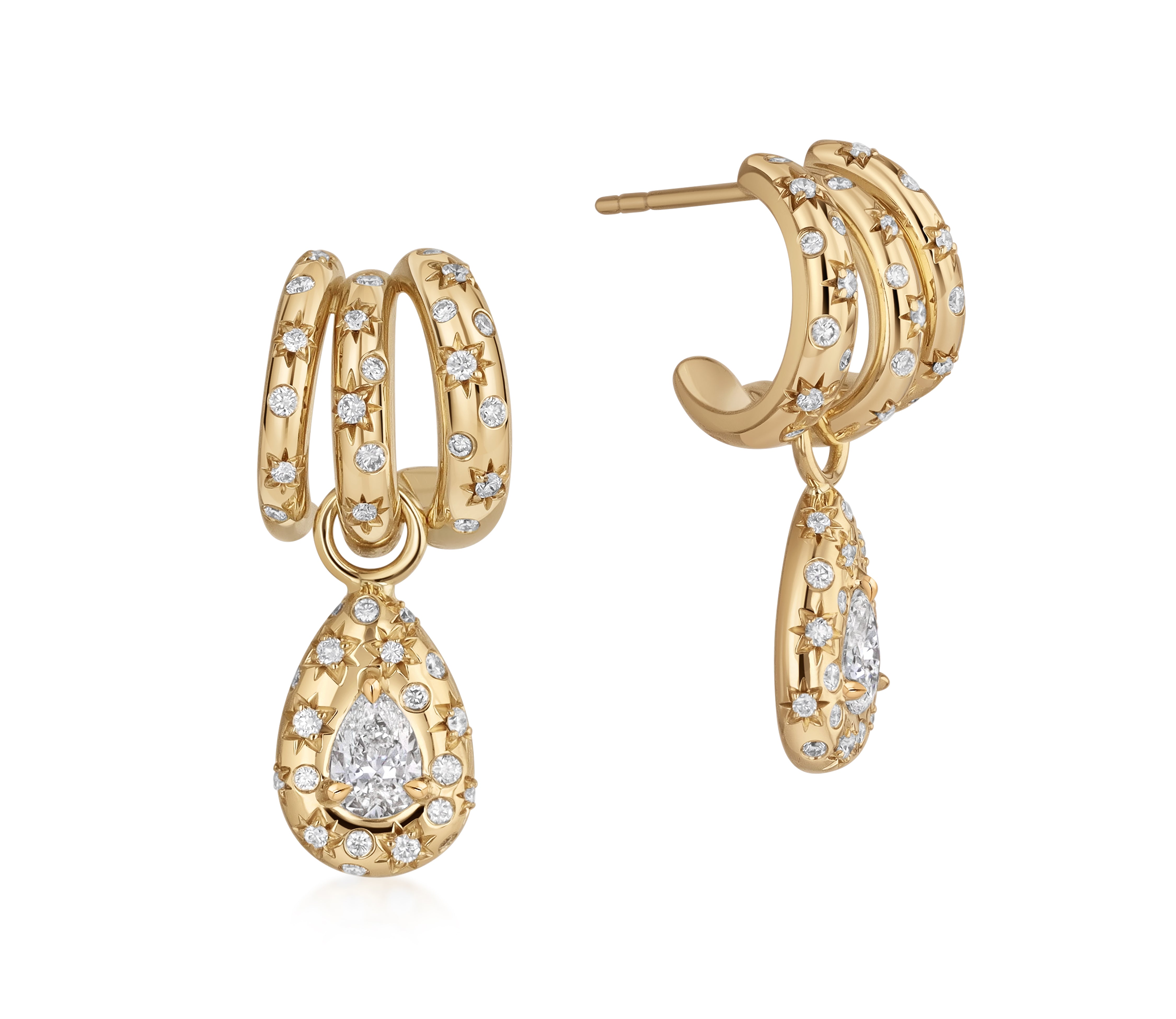 18k yellow gold triple hoop earrings with pear-shaped diamond drop, central pear-shaped natural diamonds and scattered star-set and burnished diamond accents.