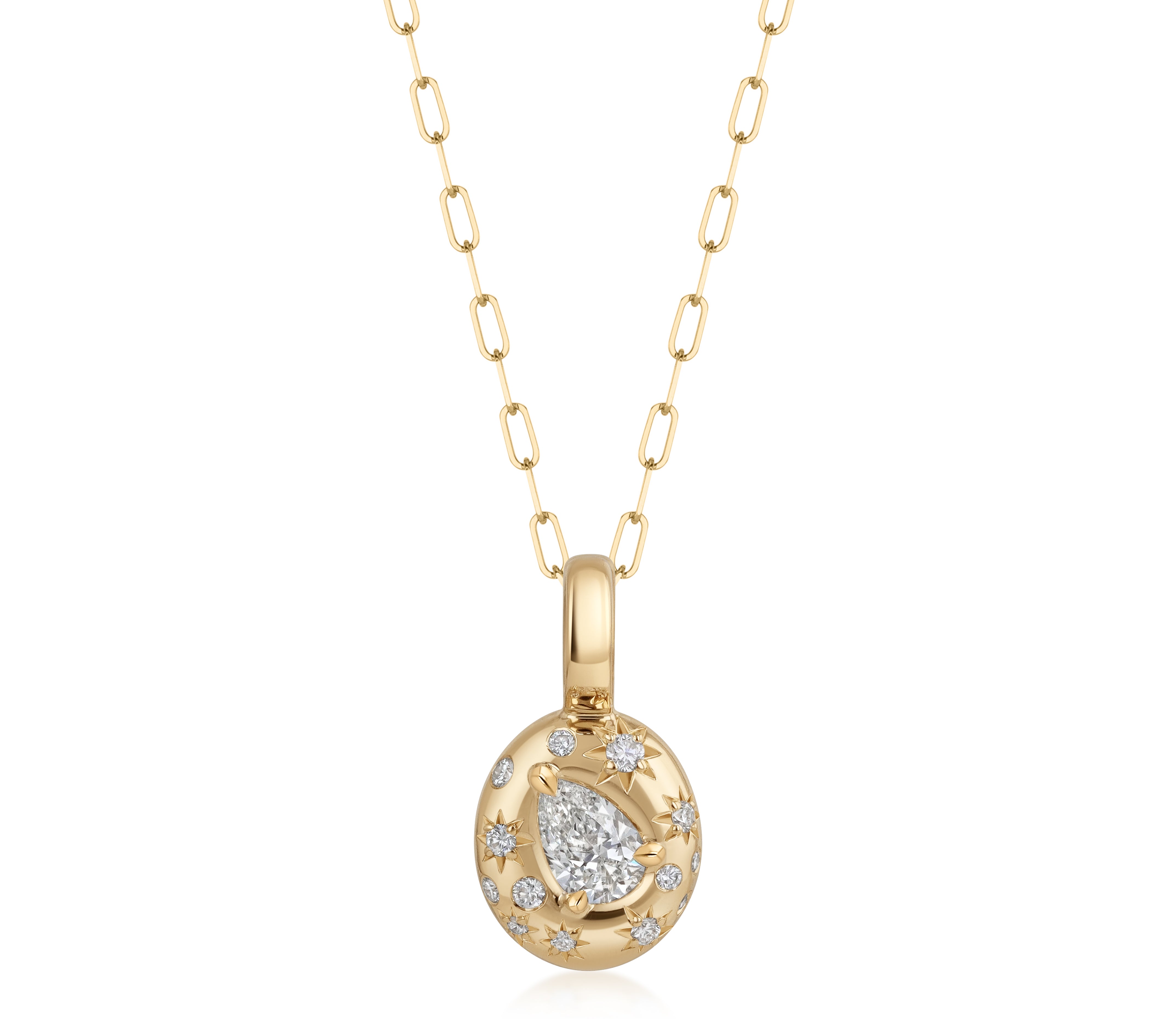 small 18k yellow gold connector necklace with a diamond-accented clasp designed to hold pendants, featuring burnished and star-set natural diamonds.