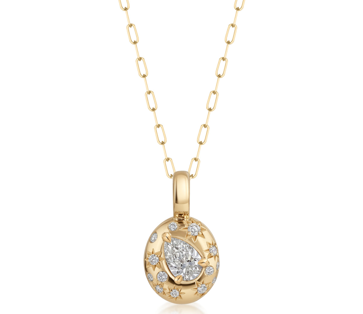 18k yellow gold connector necklace with a diamond-accented clasp designed to hold pendants, featuring burnished and star-set natural diamonds.