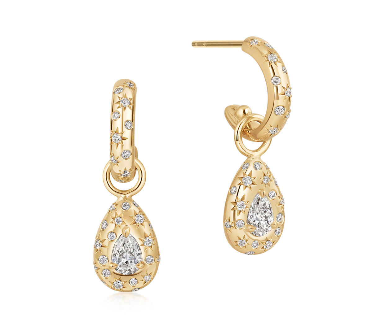18k yellow gold hoop earrings with pear-shaped diamond drop, central pear-shaped natural diamonds and scattered star-set and burnished diamond accents.