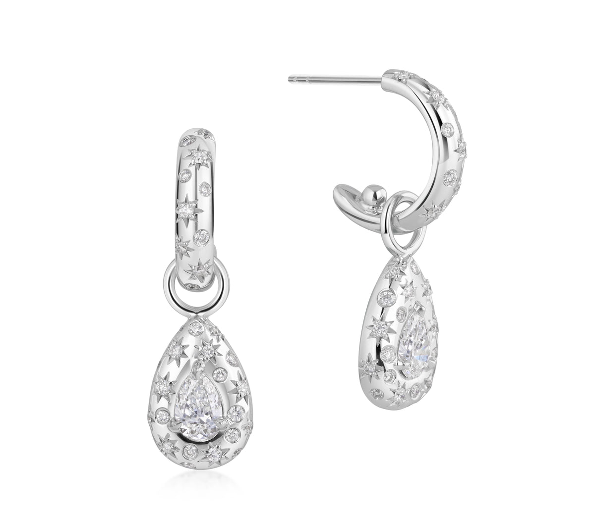 18k white gold triple hoop earrings with pear-shaped diamond drop, central pear-shaped natural diamonds and scattered star-set and burnished diamond accents.