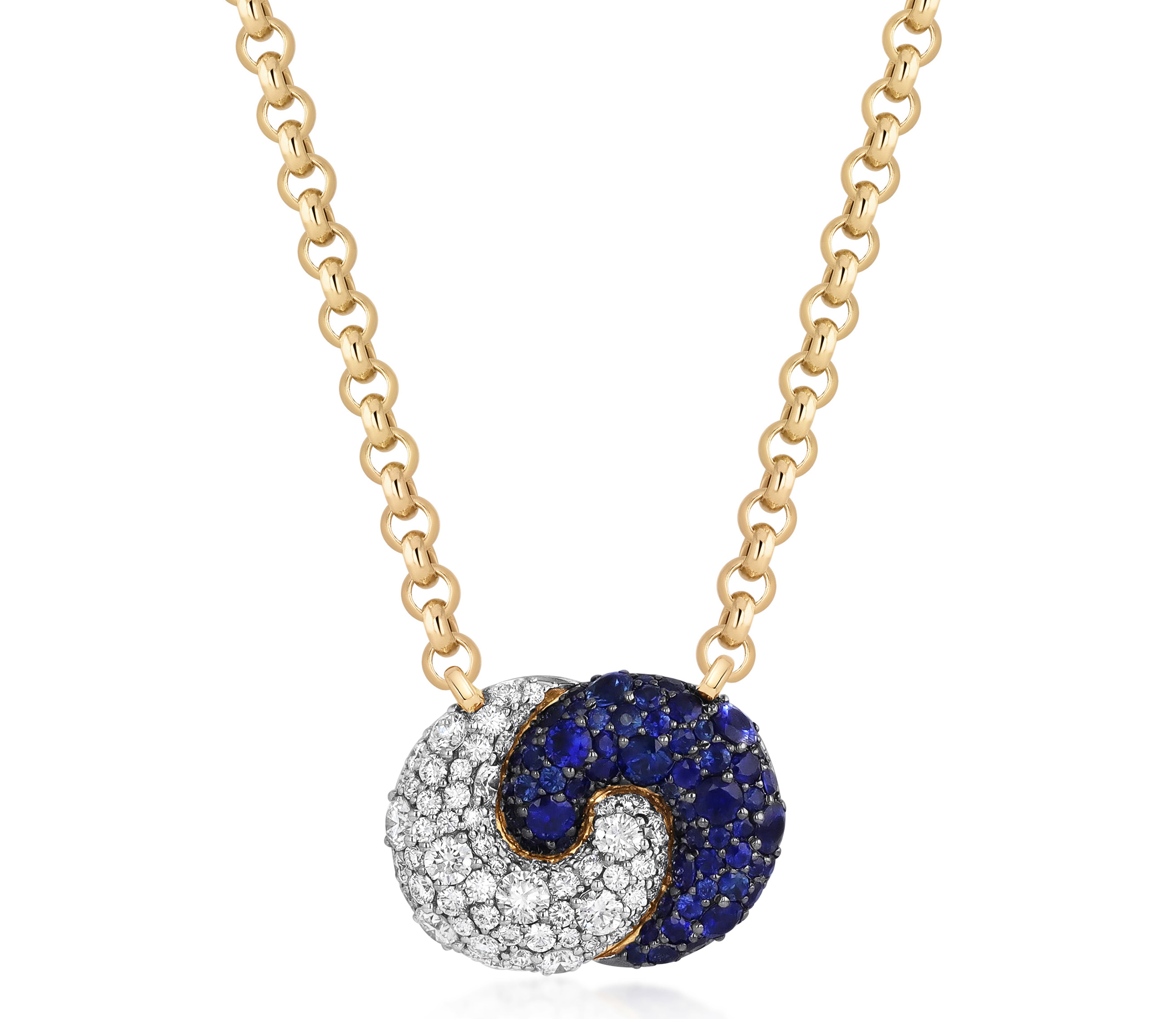East-West Medium Duet Necklace in 18k yellow gold with blue sapphires and pave diamonds.