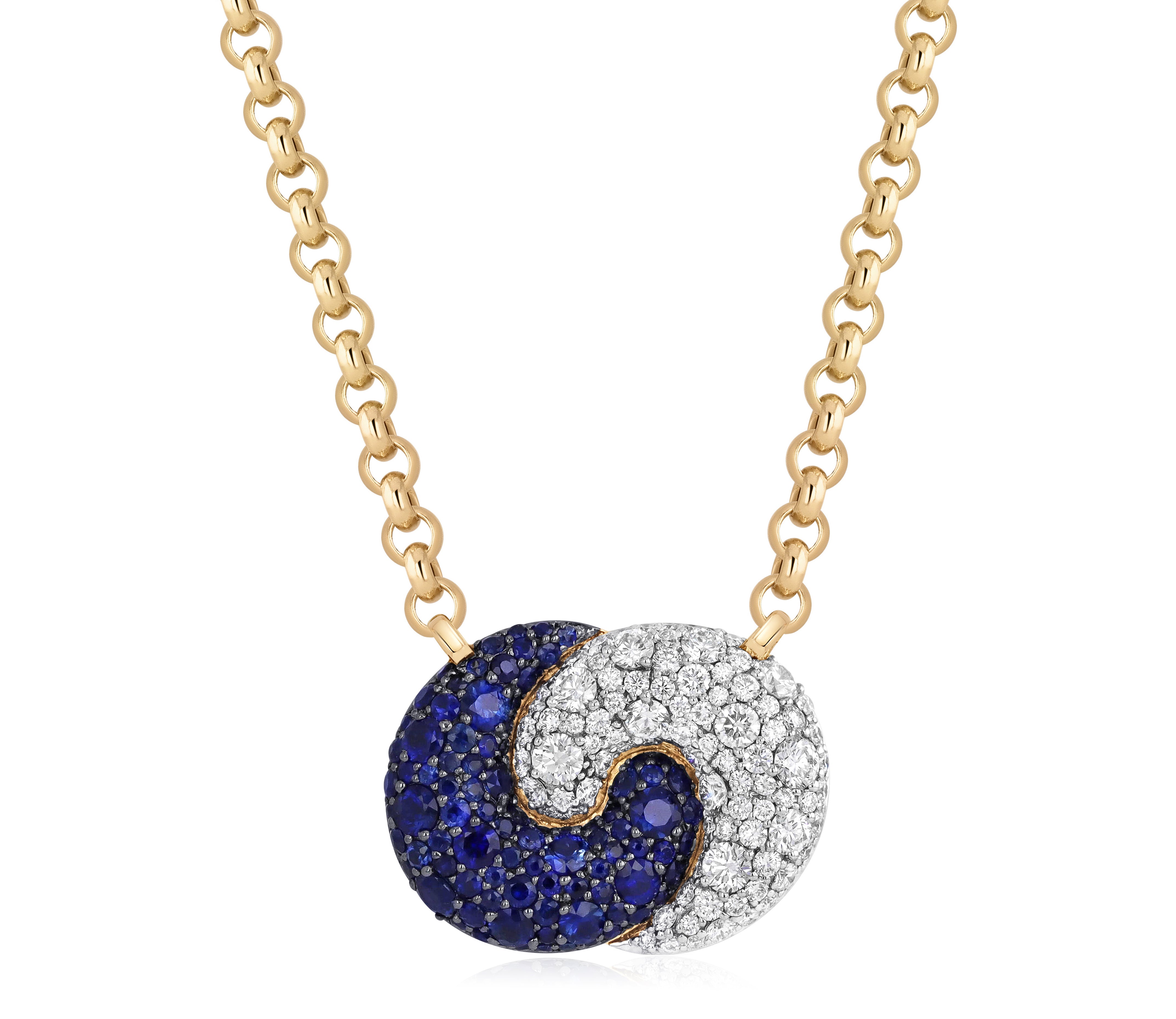 East-West Large Duet Necklace in 18k yellow gold with blue sapphires and pave diamonds.