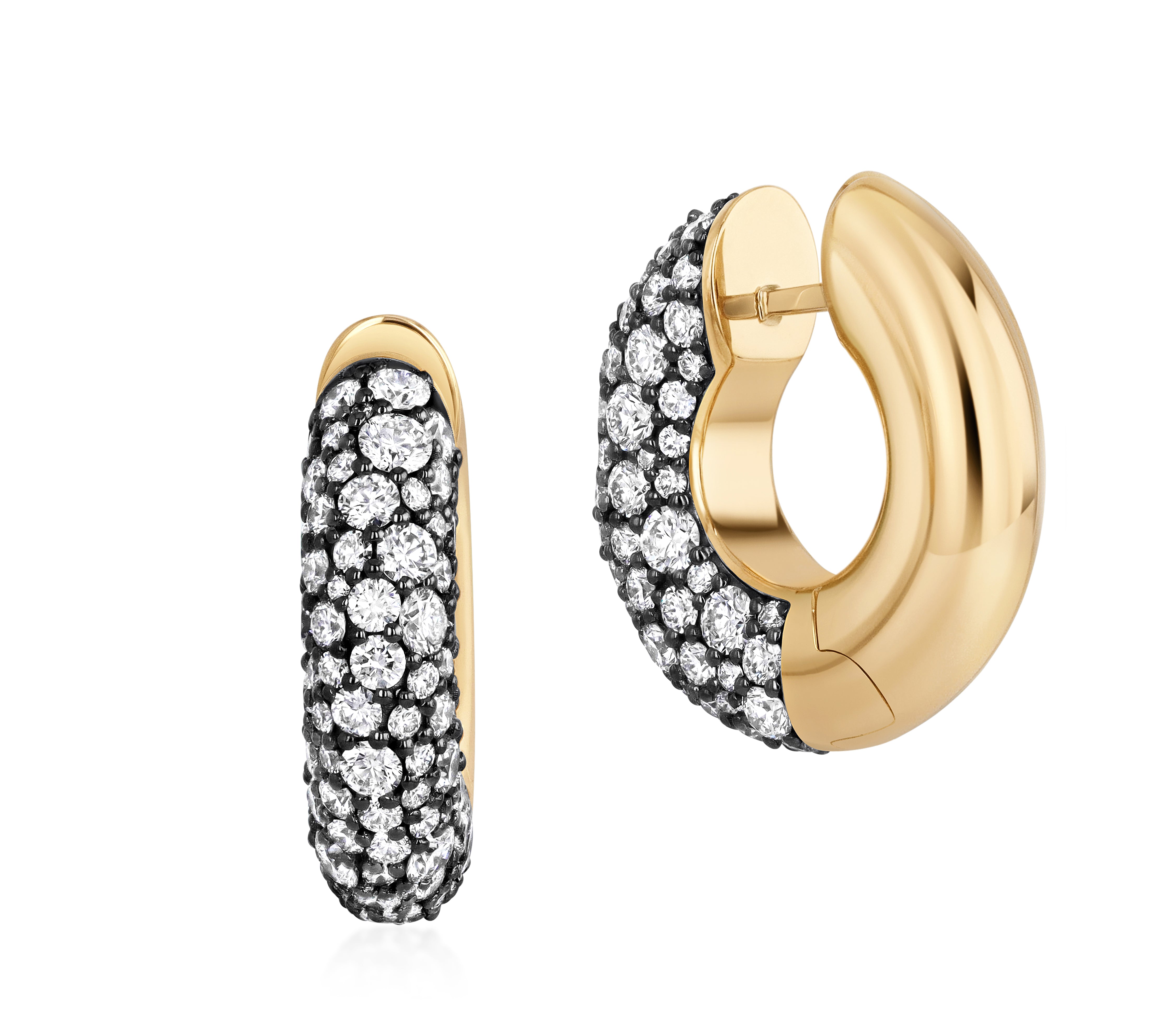 Mood Hoops in 18k yellow gold with reversible diamond pave and polished gold finish.