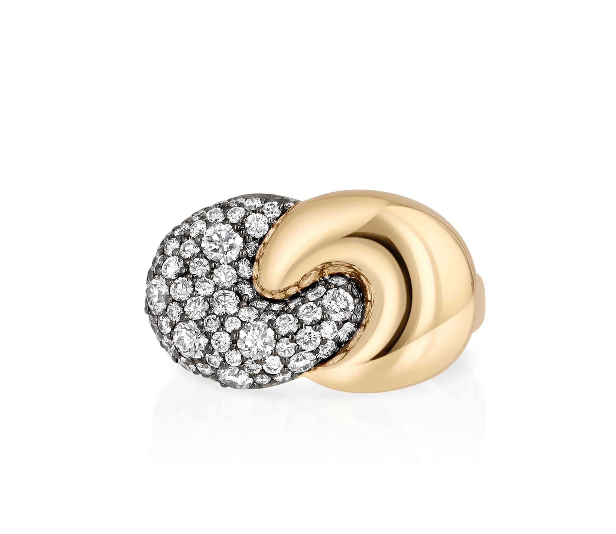 Duet Ring in 18k yellow gold with intertwined polished gold and diamond pave curves.
