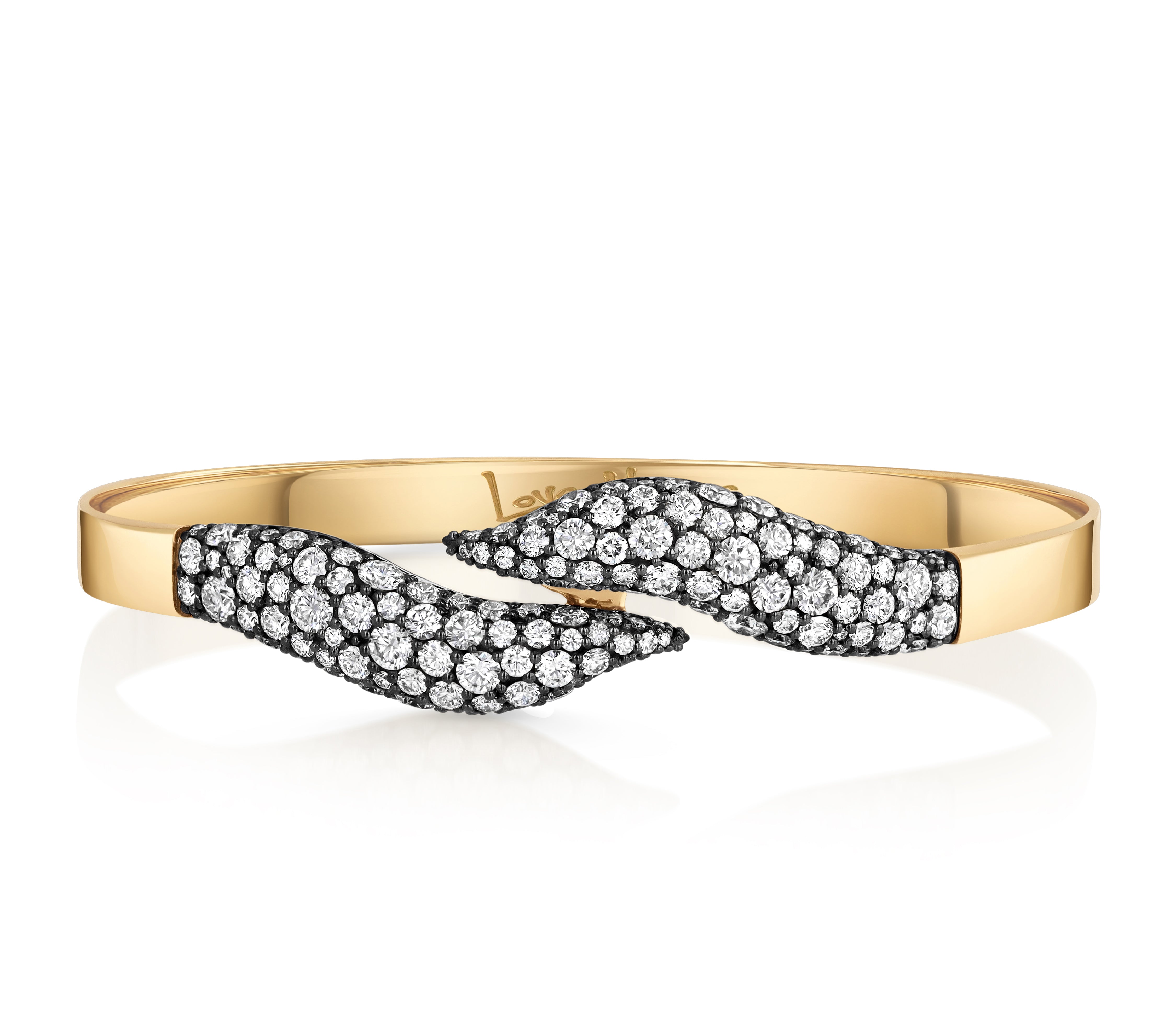 Diamond Dancer Double Pave Bracelet in 18k yellow gold with colorless diamond pave set against black rhodium.