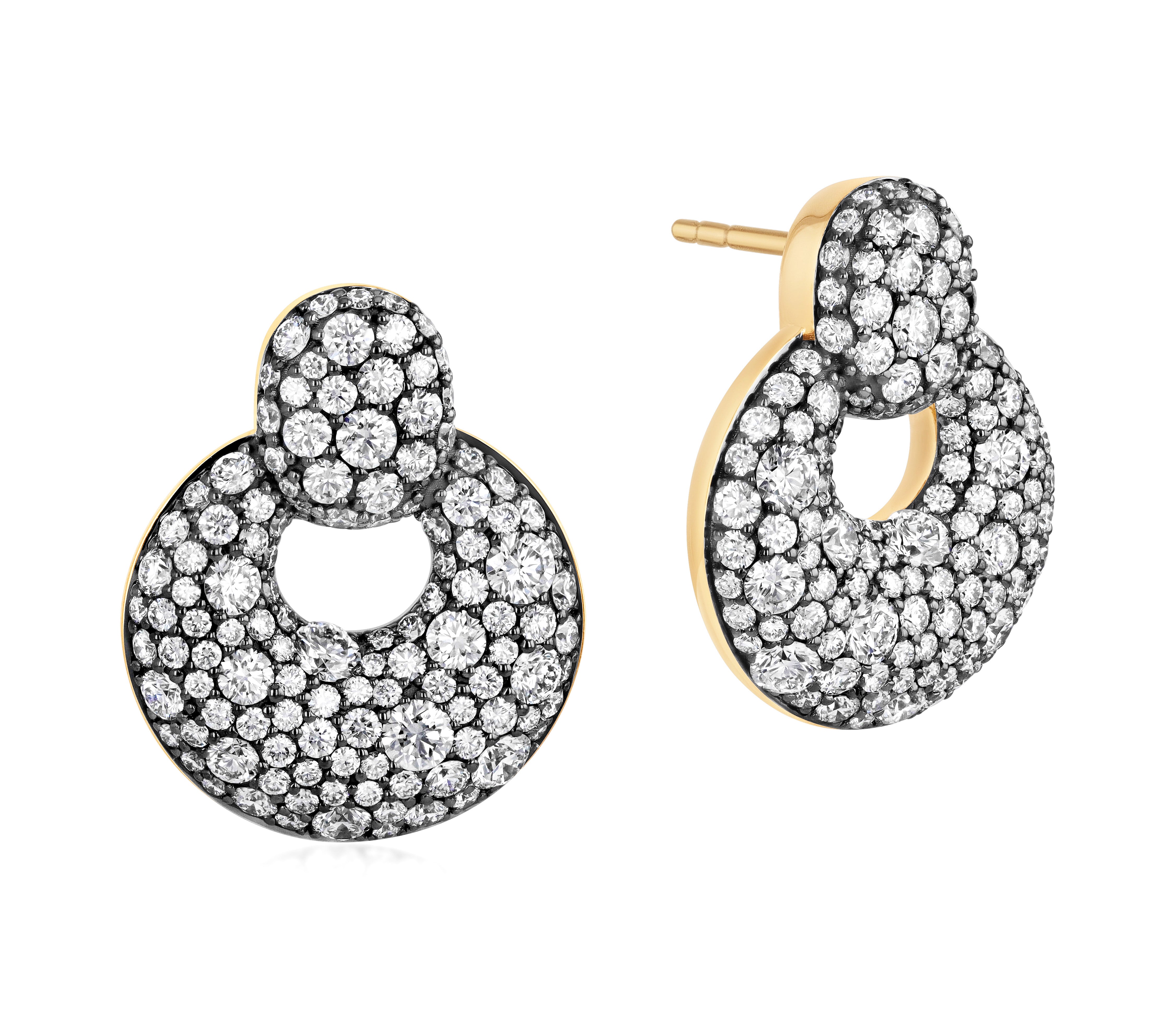 All Diamond Button Loop Earrings in 18k yellow gold with all-over diamond pave and a linked circular silhouette.