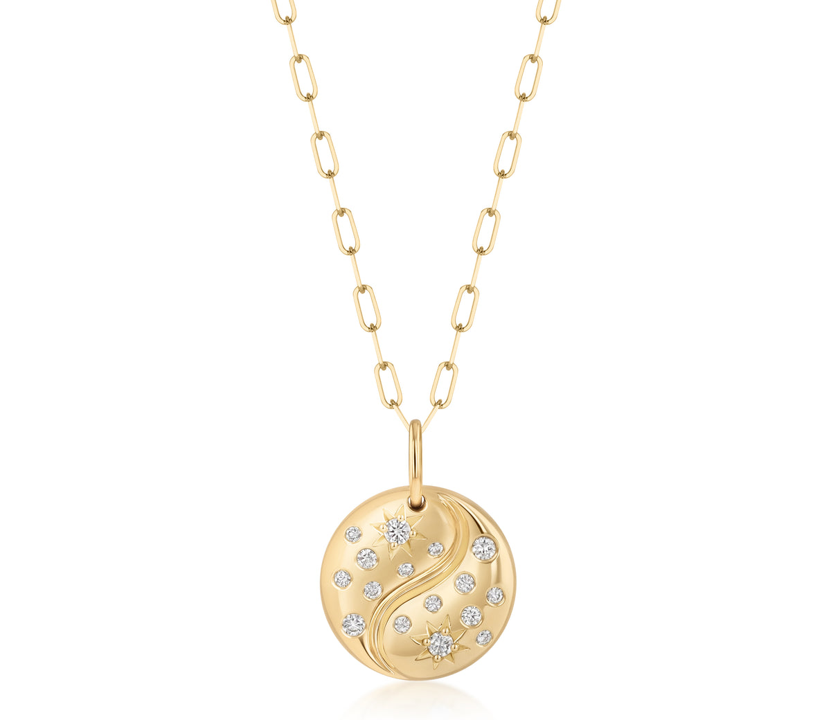 Small 18k yellow gold paperclip chain necklace with a yin yang pendant and scattered star-set and burnished natural diamond accents