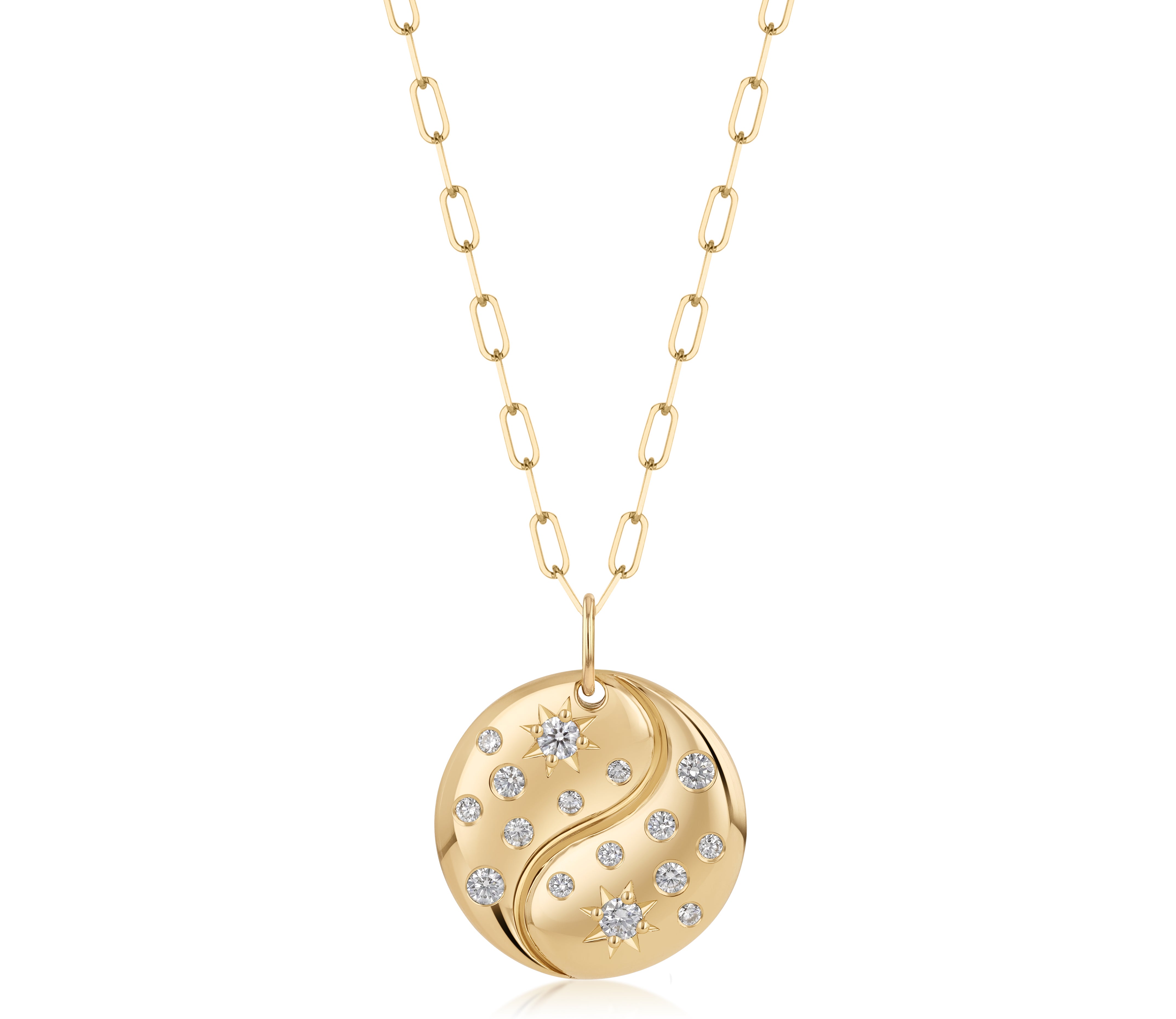 18k yellow gold paperclip chain necklace with a yin yang pendant and scattered star-set and burnished natural diamond accents
