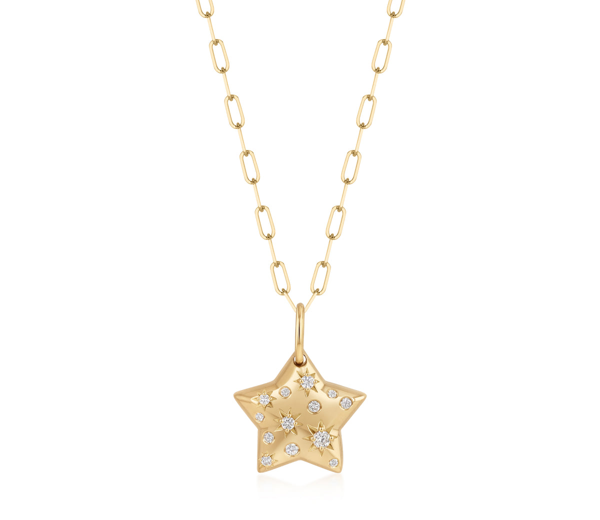 small 18k yellow gold paperclip chain necklace with a star-shaped pendant and scattered star-set and burnished natural diamond accents