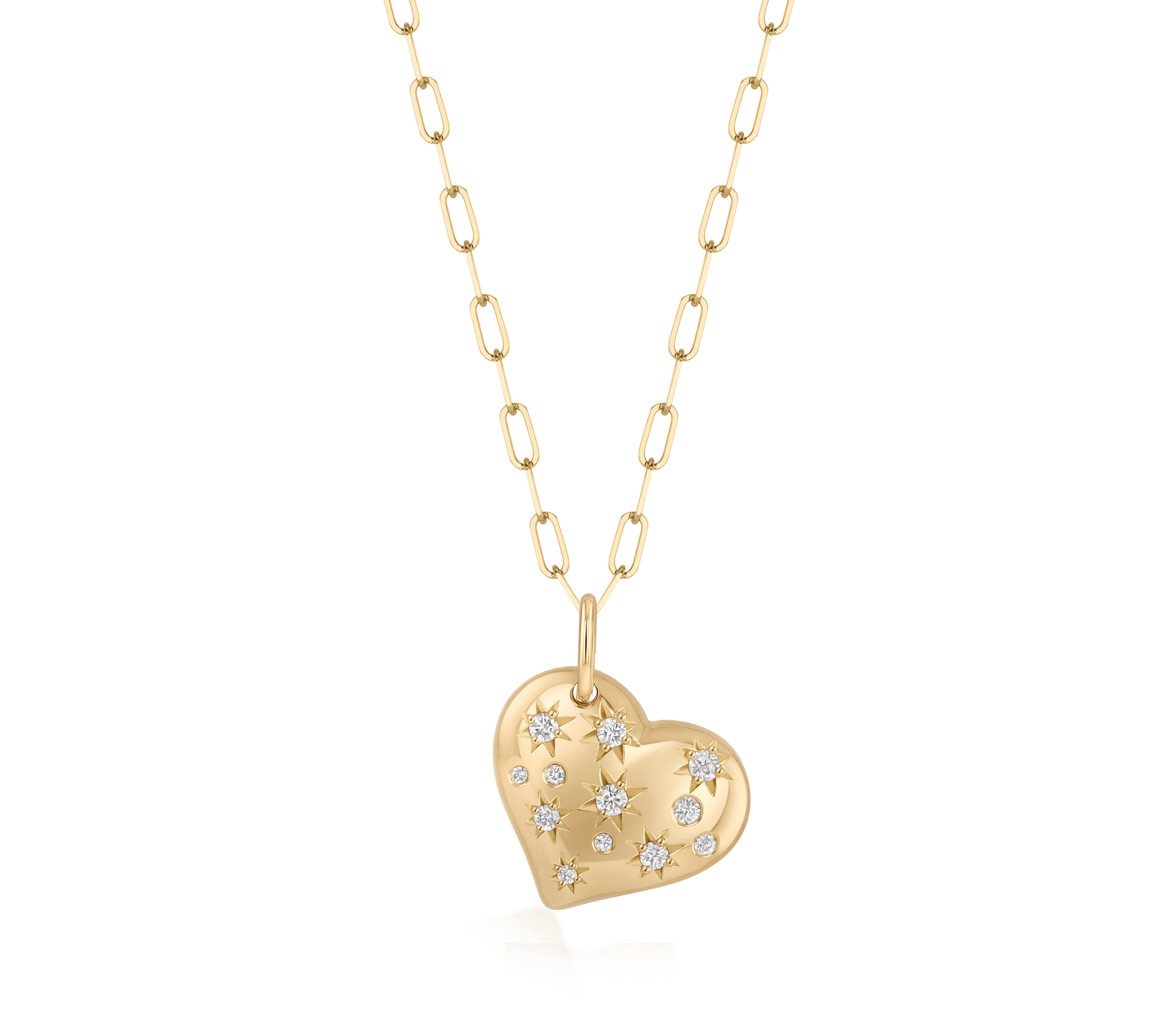 18k yellow gold paperclip chain necklace with a heart-shaped pendant and scattered star-set and burnished natural diamond accents.