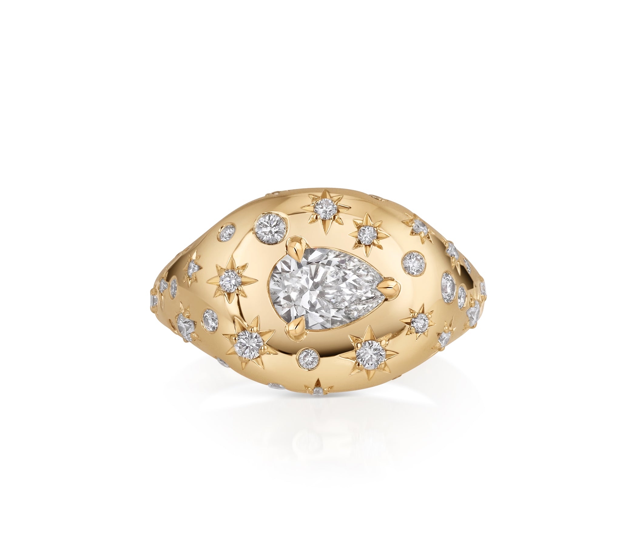 18k yellow gold domed signet ring with a central east-west pear-shaped natural diamond and scattered star-set and burnished diamond accents.