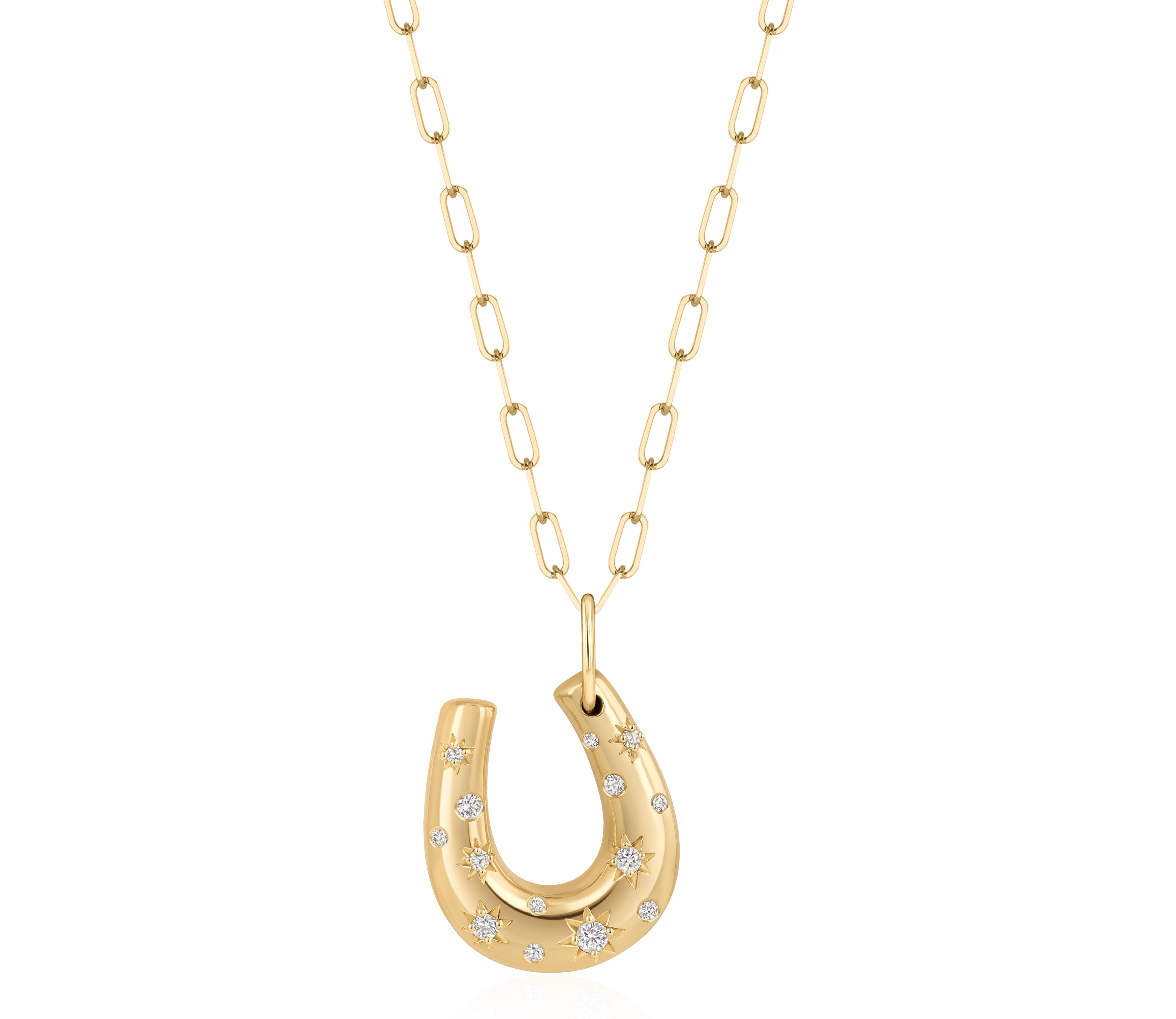 18k yellow gold paperclip chain necklace with a horseshoe pendant and scattered star-set and burnished natural diamond accents