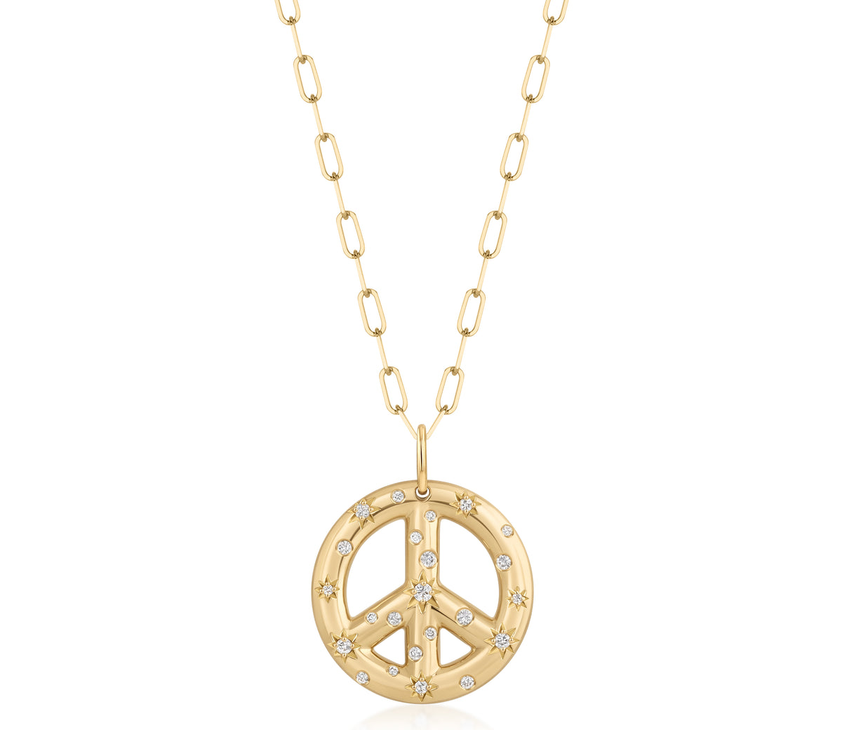 18k yellow gold paperclip chain necklace with a peace sign pendant and scattered star-set and burnished natural diamond accents