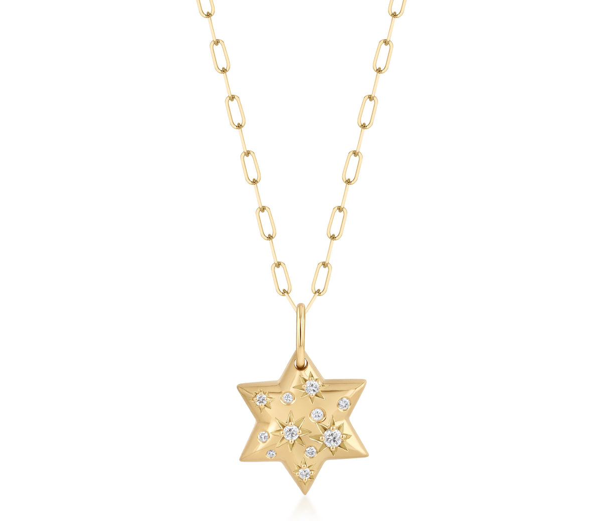 18k yellow gold paperclip chain necklace with a star of david pendant, jewish star and scattered star-set and burnished natural diamond accents