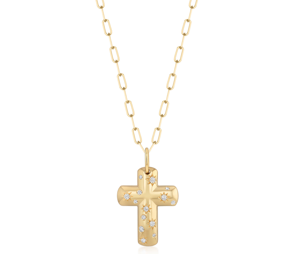 18k yellow gold paperclip chain necklace with a cross pendant and scattered star-set and burnished natural diamond accents