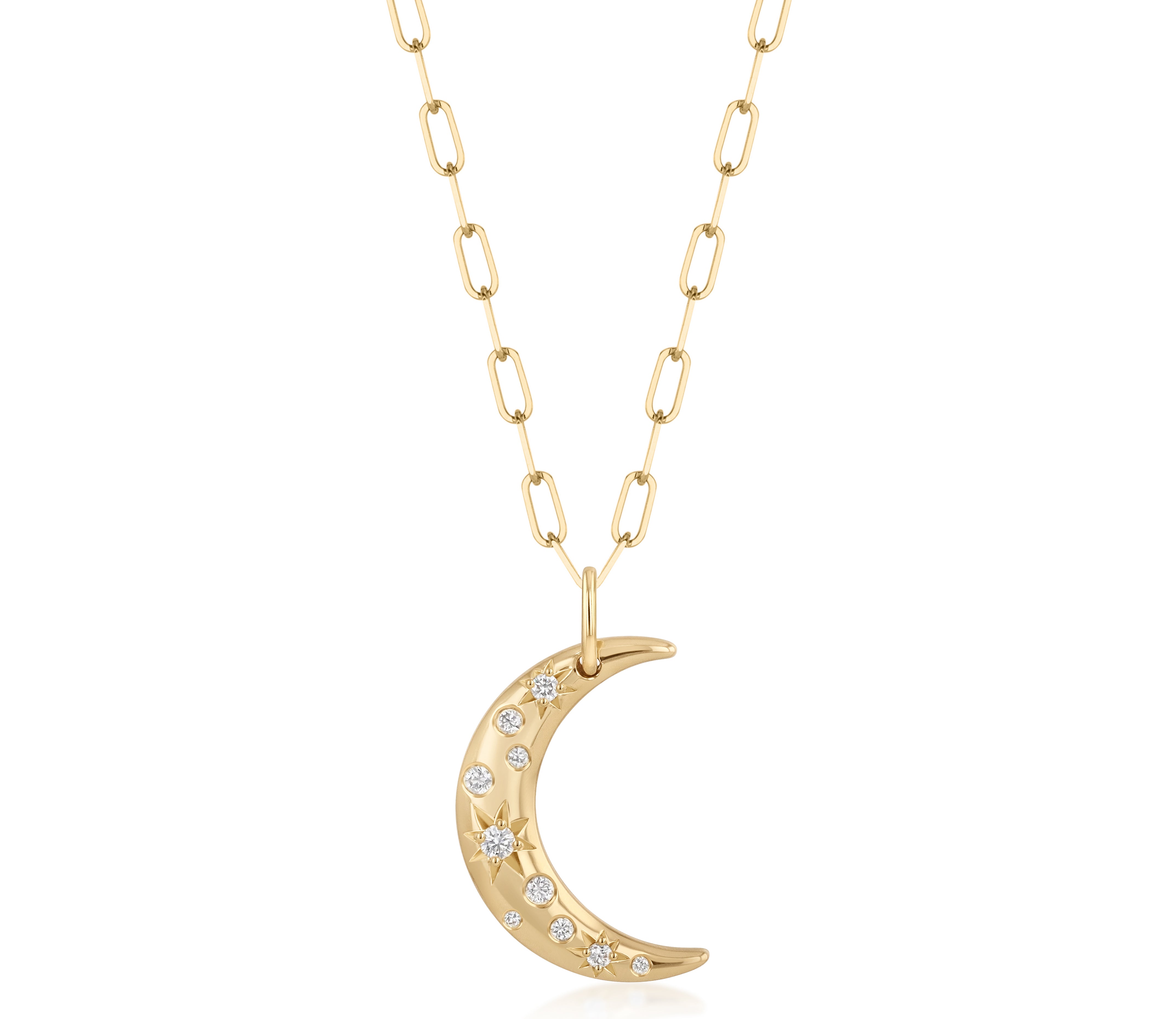 18k yellow gold paperclip chain necklace with a crescent moon pendant and scattered star-set and burnished natural diamond accents