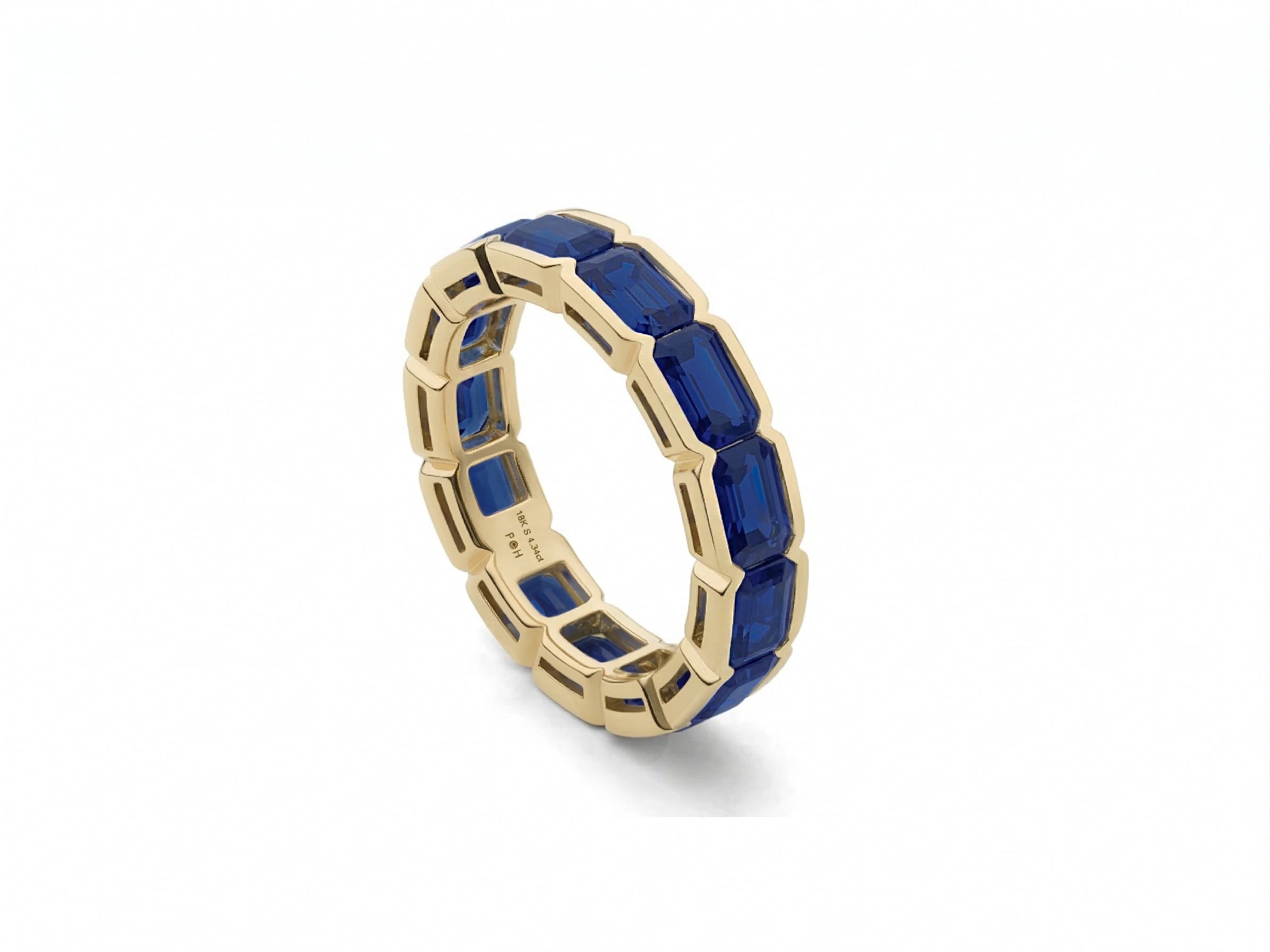 4.06 TCW E-W 1/2 Bezel Cuddle Blue Sapphire Emerald Cut Eternity Band