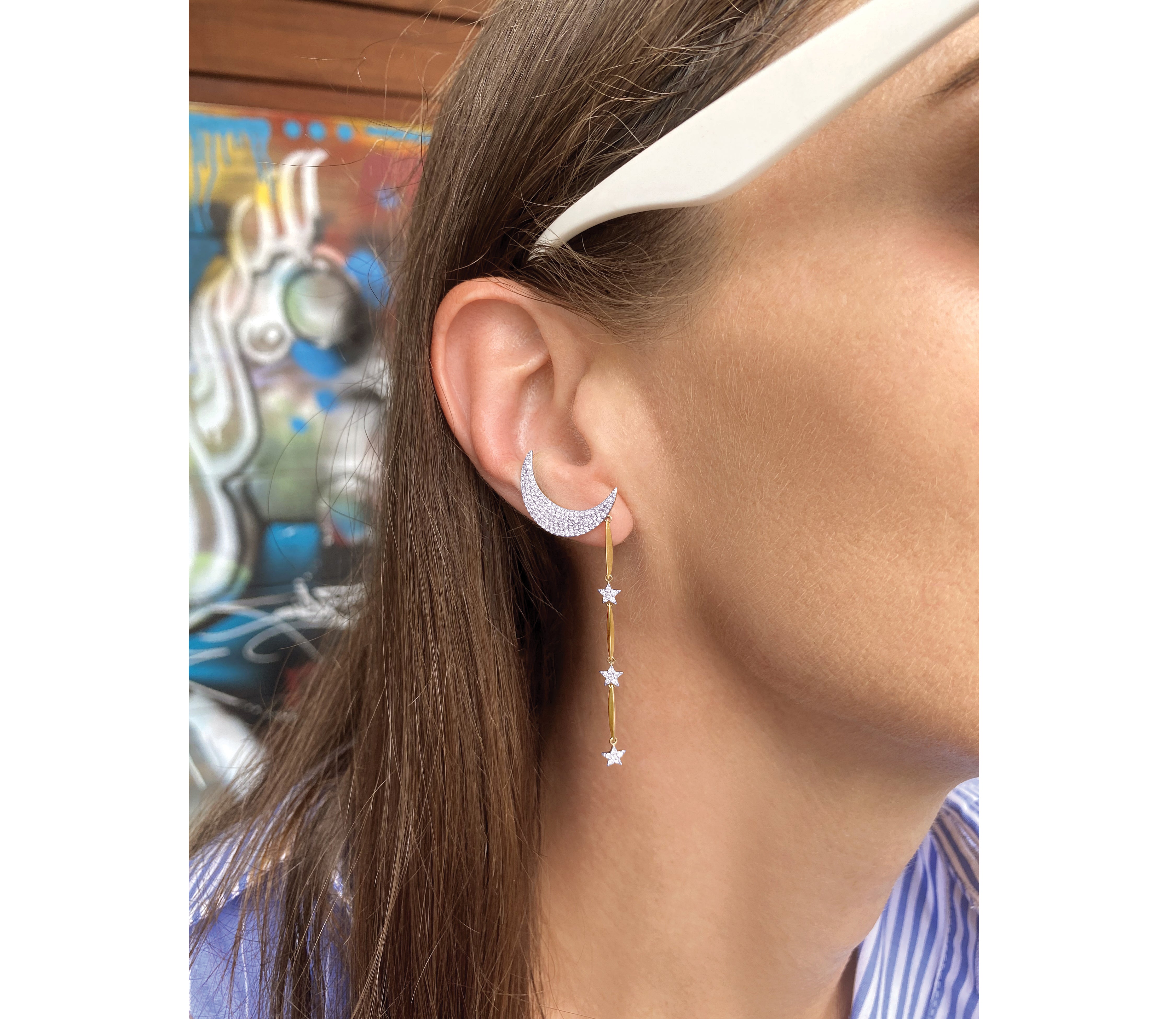 Crescent Moon & Star Drop Ear Climbers