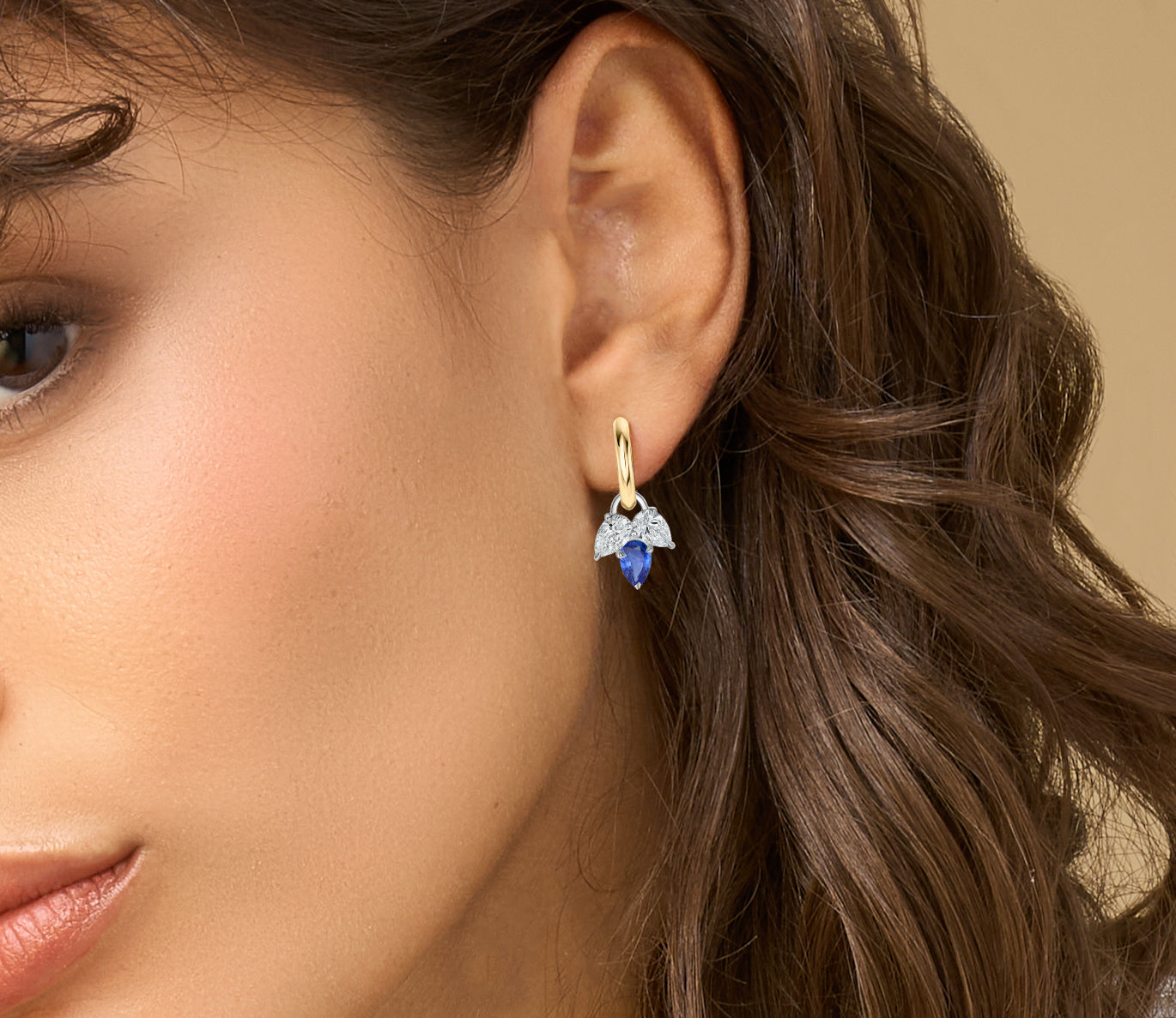 Pear Shape Diamond & Blue Sapphire Triple Leaf Huggies