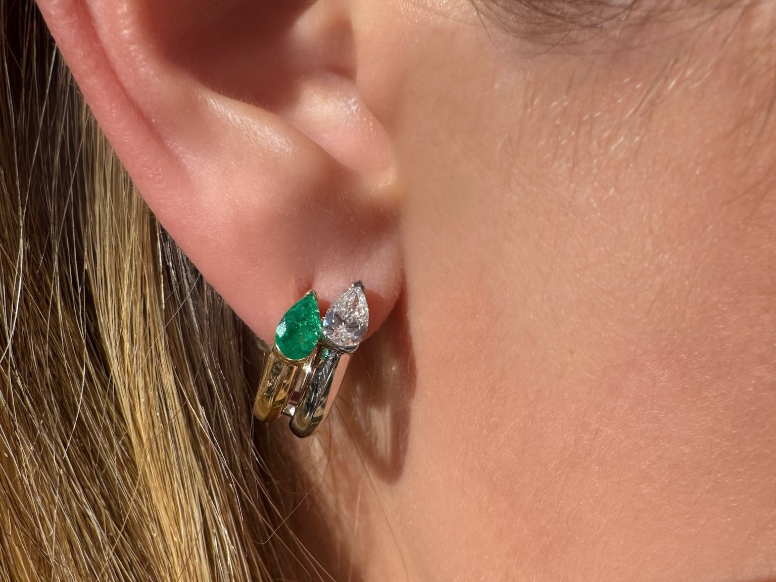 Pear Shape Diamond & Colombian Emerald Toi et Moi Huggies