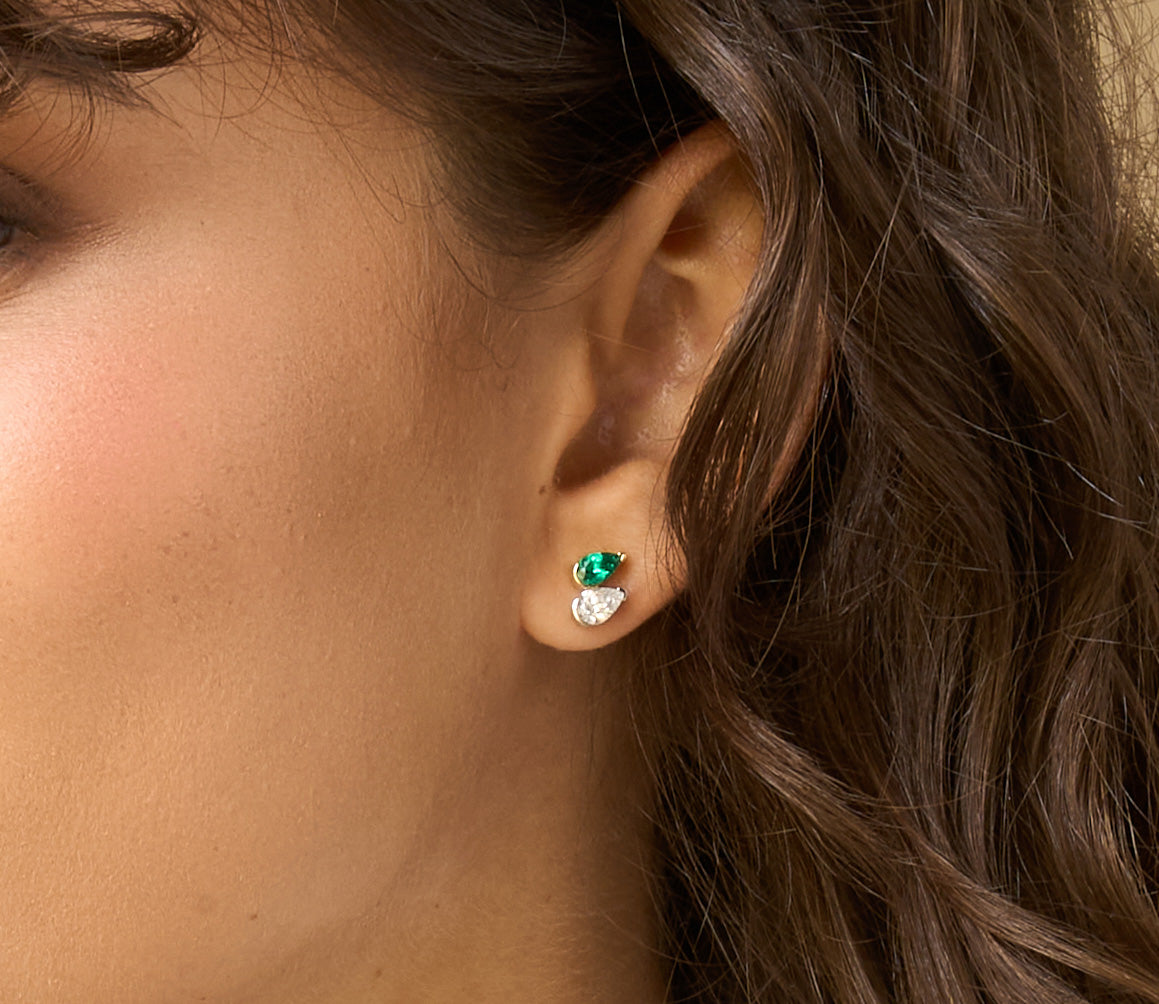 Pear Shape Diamond & Colombian Emerald Toi et Moi Studs