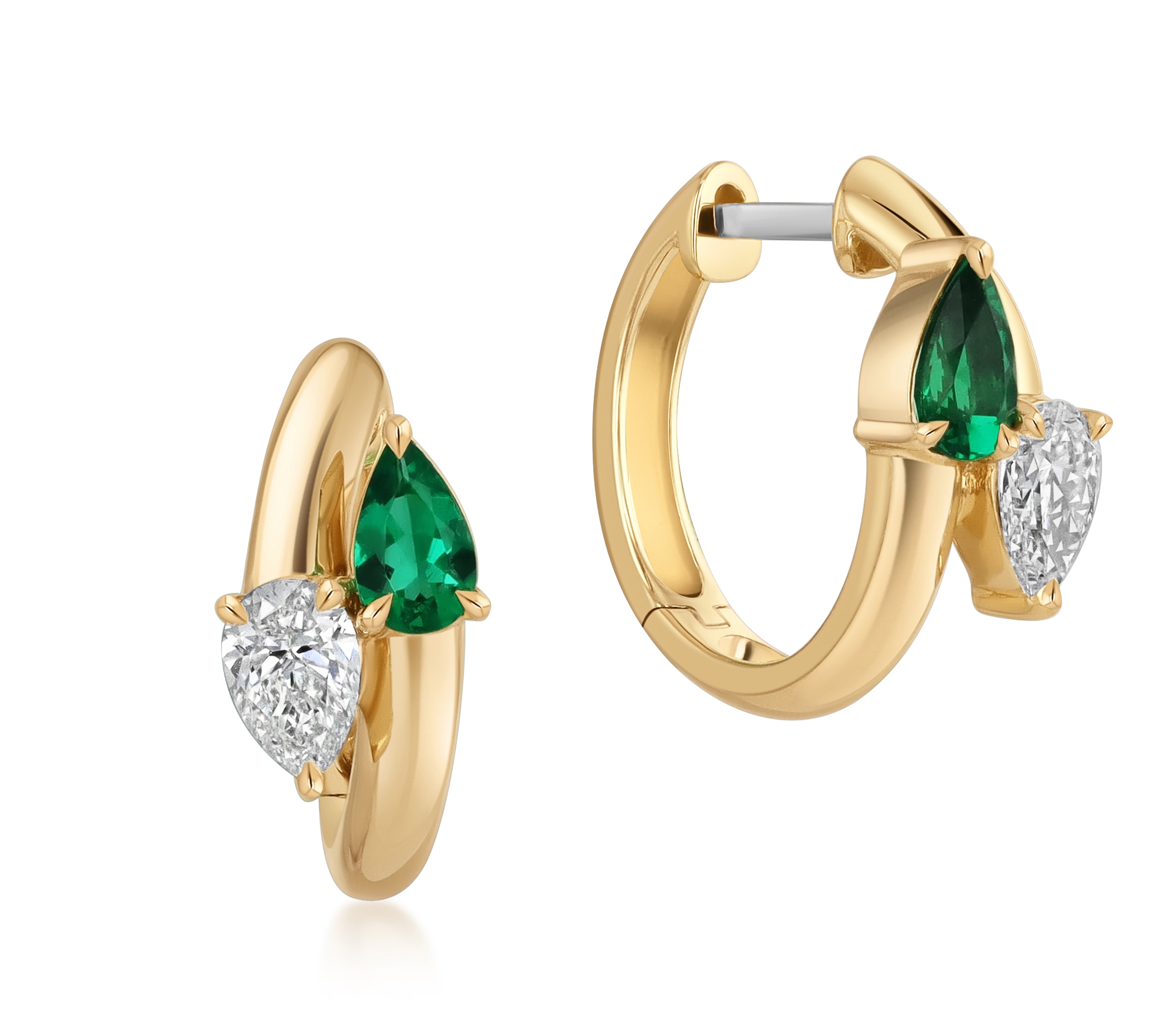 18k yellow gold hoop earrings with pear-shaped Colombian emeralds and pear-shaped natural diamonds.