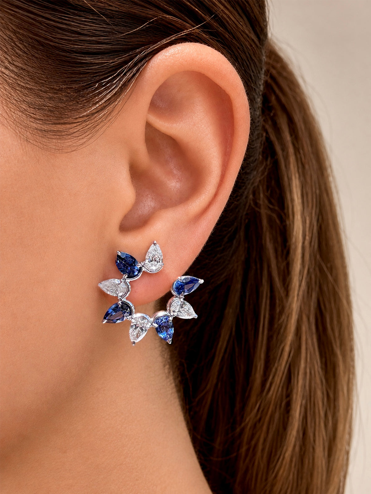 Pear Diamond and Blue Sapphire Fan Earrings