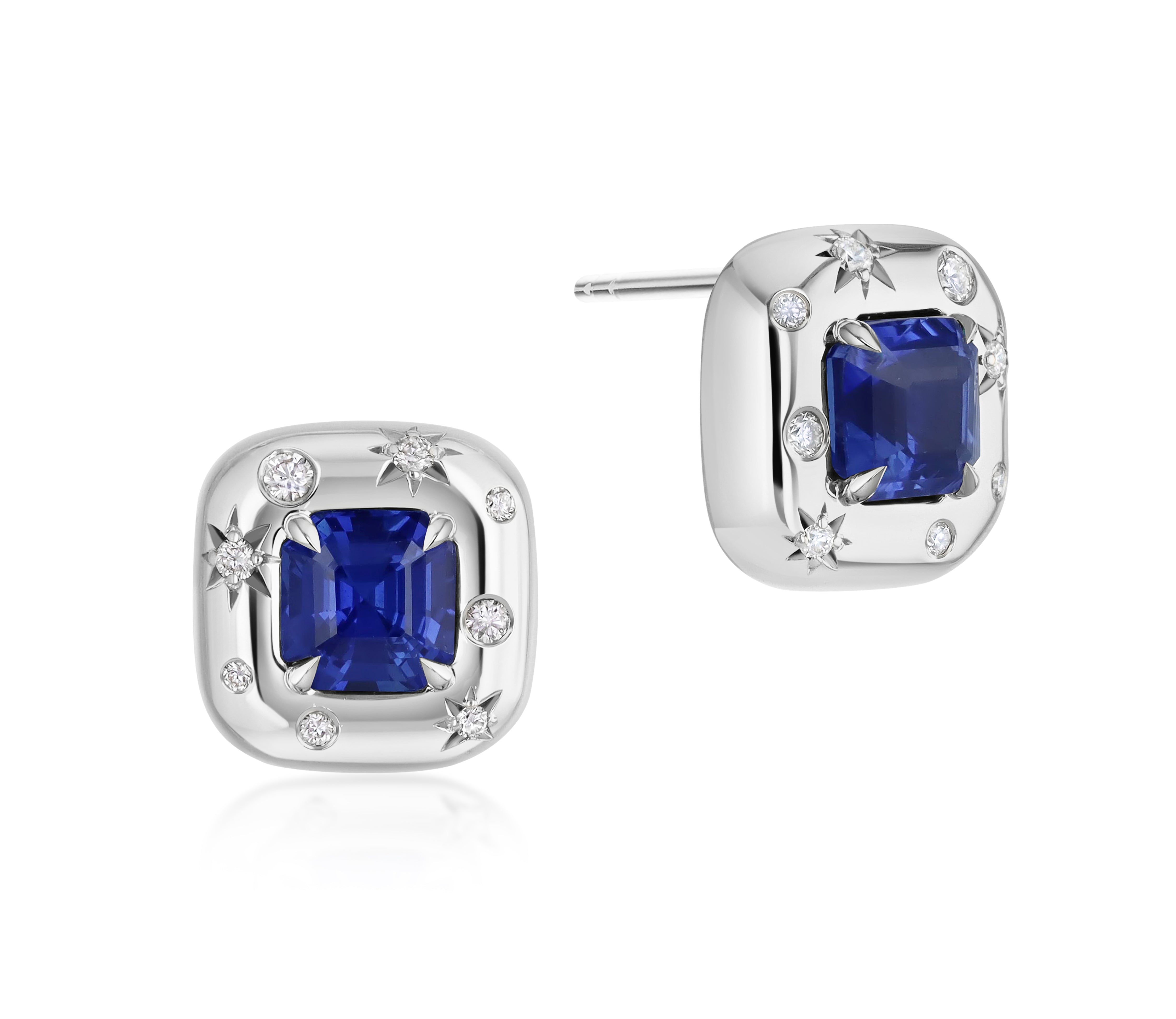 Star set Asscher Cut Ceylon Sapphire Earrings