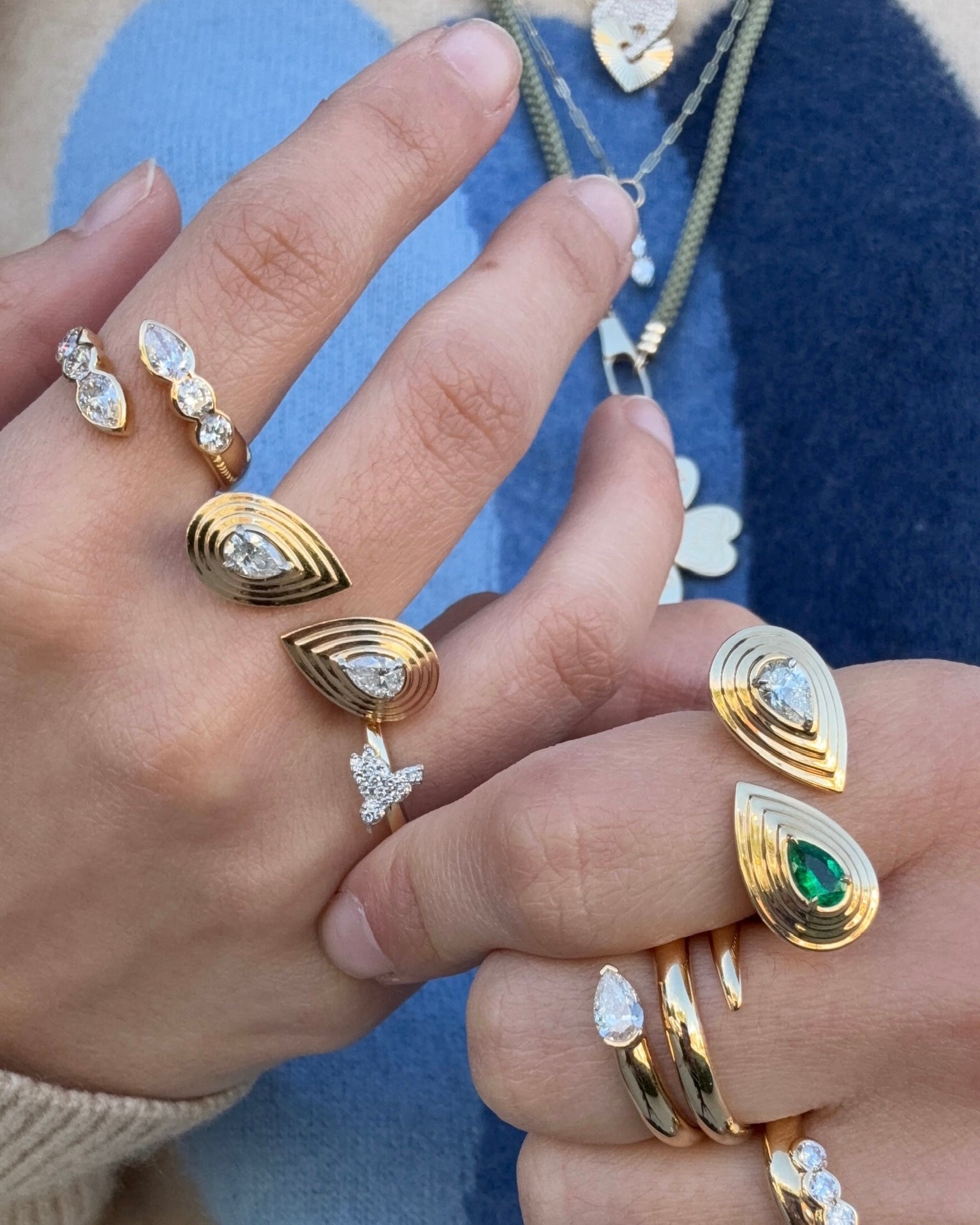 Pear Shape Emerald and Diamond Layered Double Ring