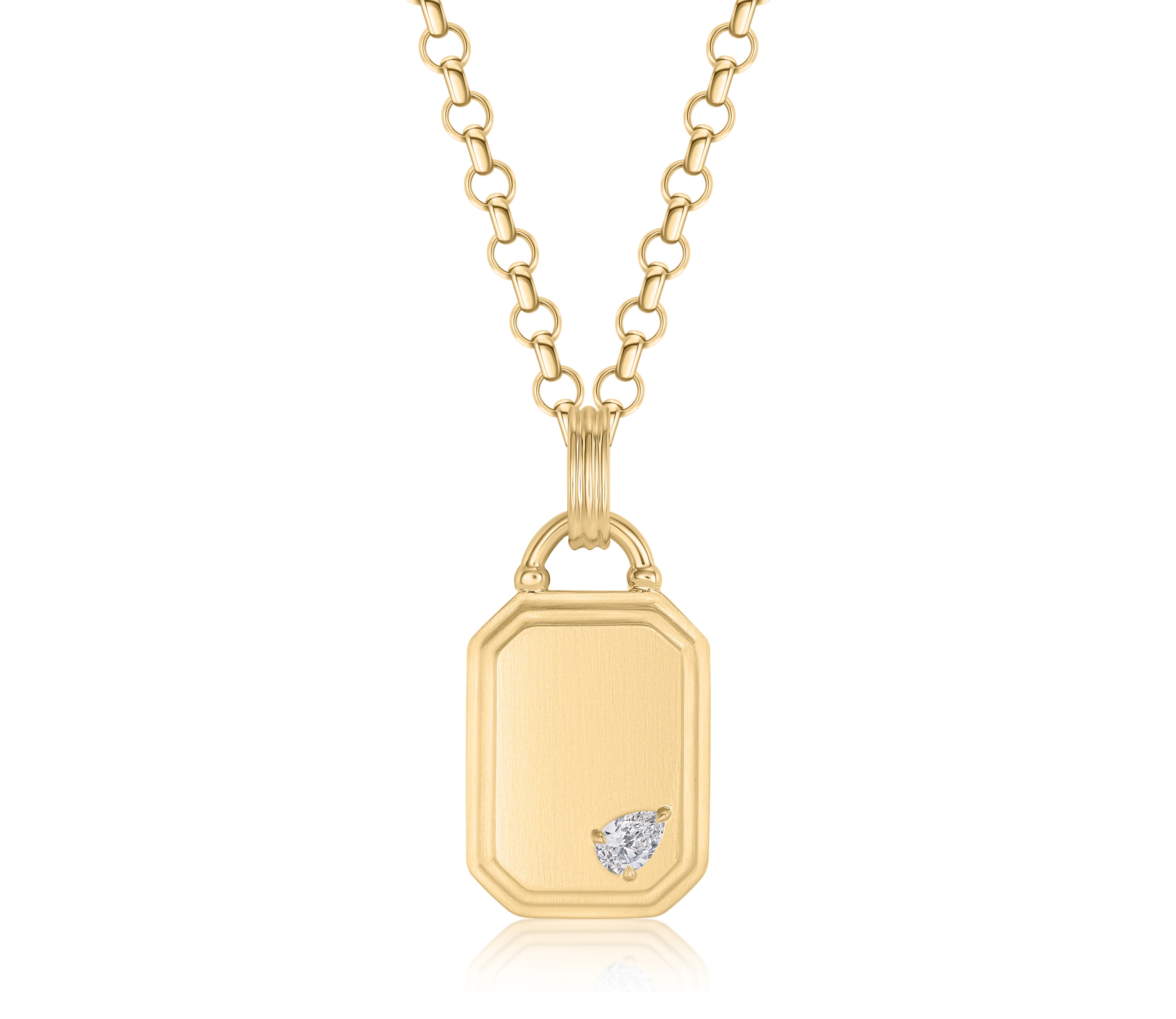 18k Yellow Gold 18mm Dog Tag Pear Diamond Necklace