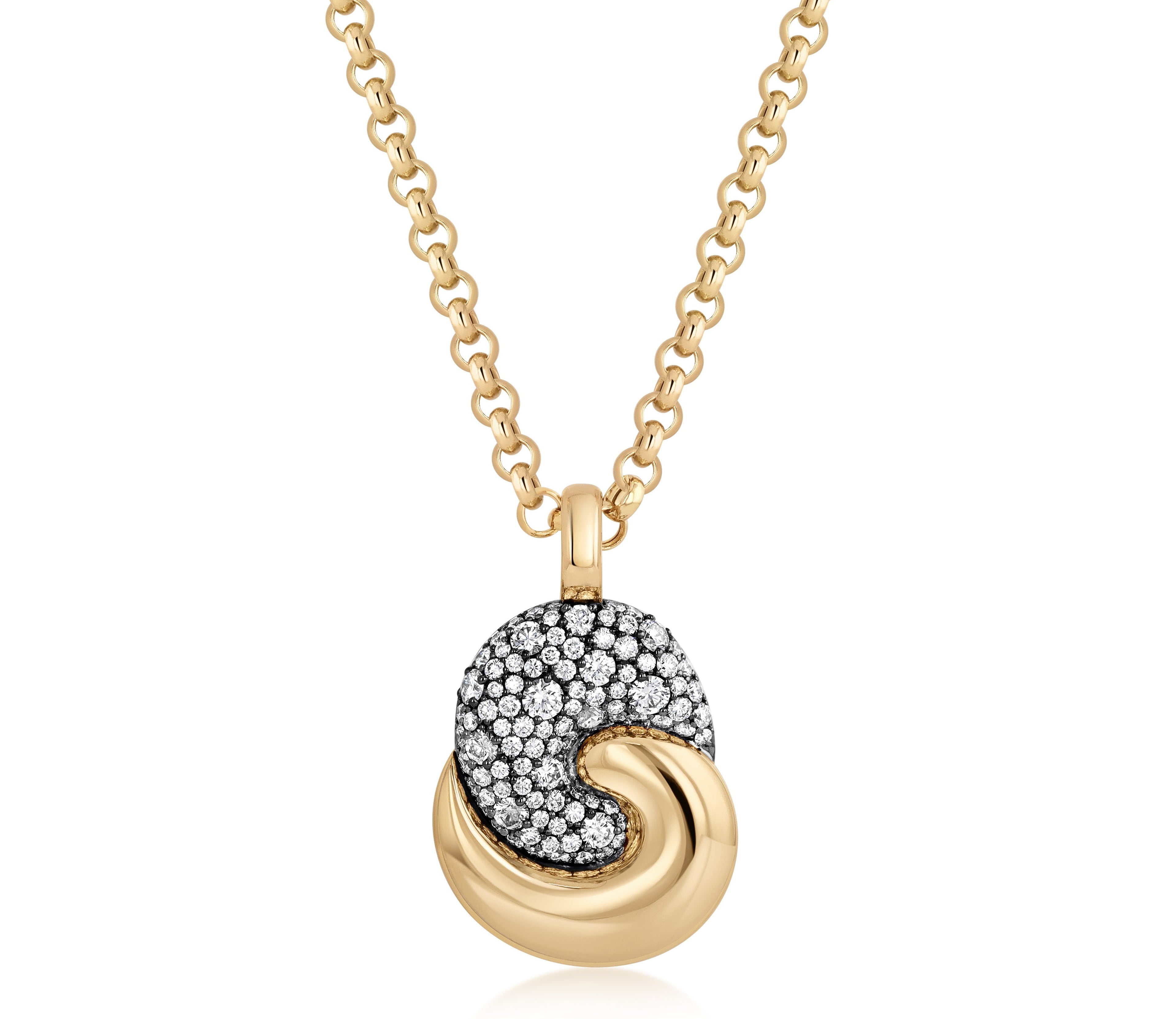Large Duet Necklace in 18k yellow gold with colorless pave diamonds set in black rhodium