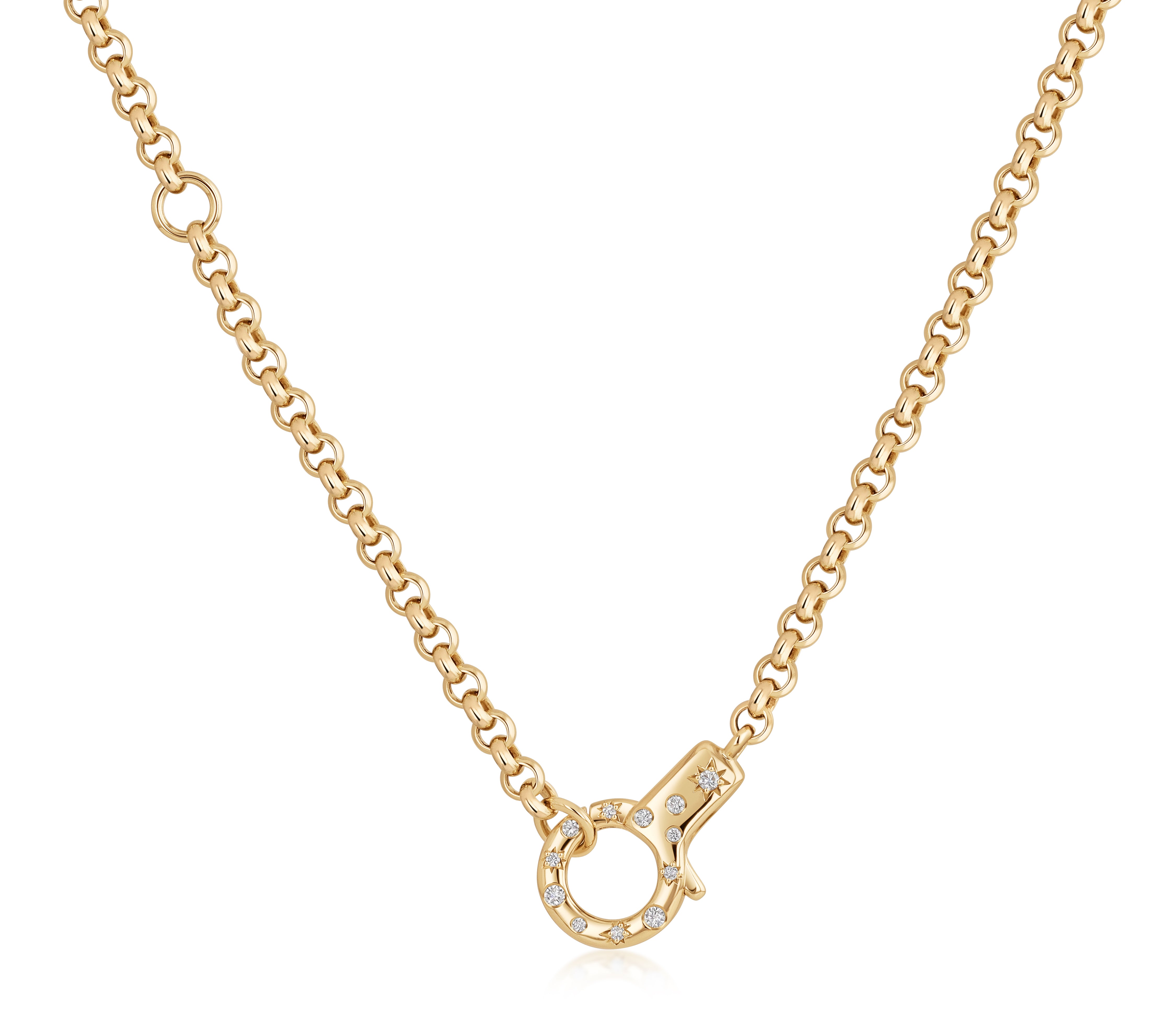 18k yellow gold connector necklace with a diamond-accented clasp designed to hold pendants, featuring burnished and star-set natural diamonds.