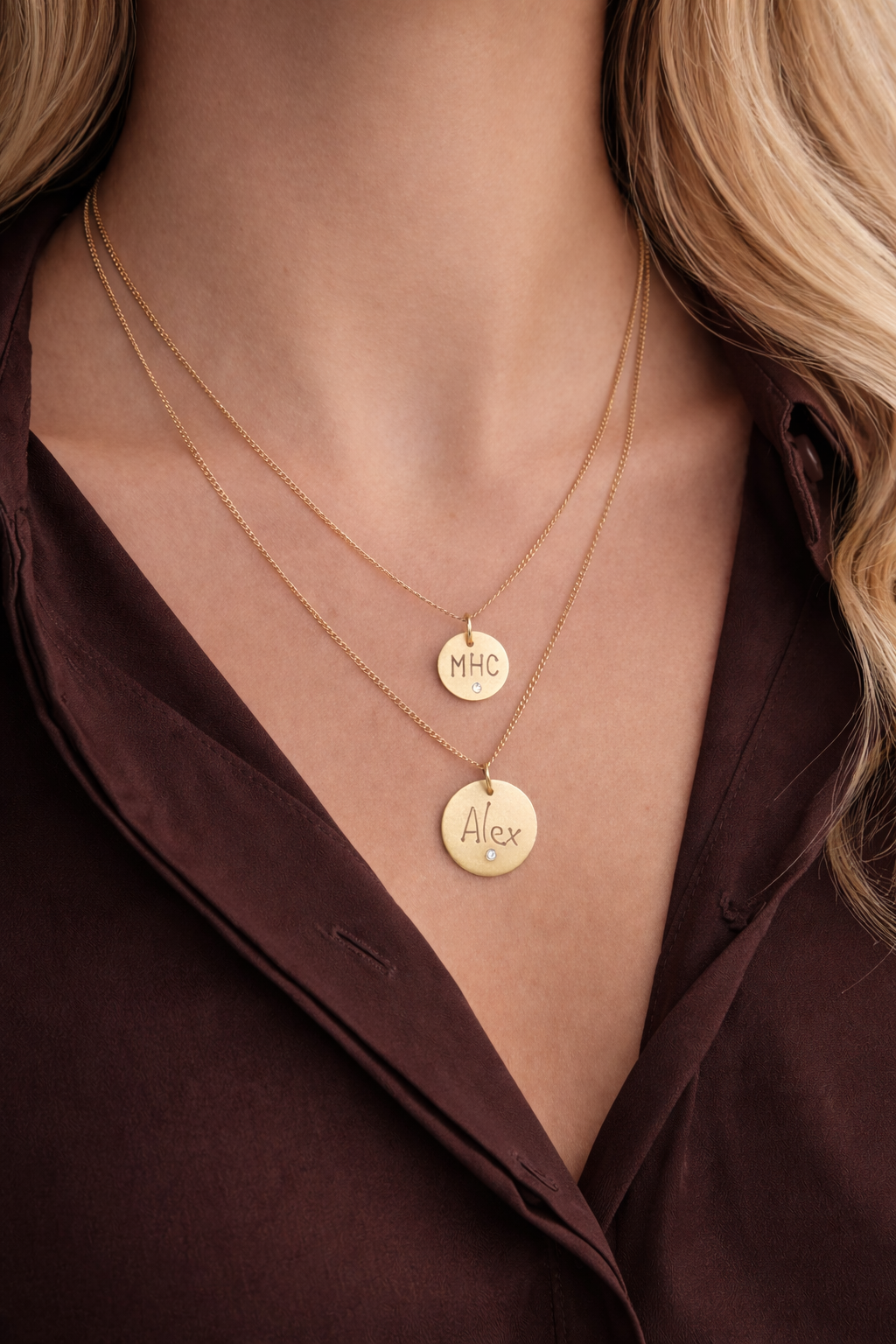 layered 14k yellow gold name tag pendants personalized with engraved names initials and diamond accents