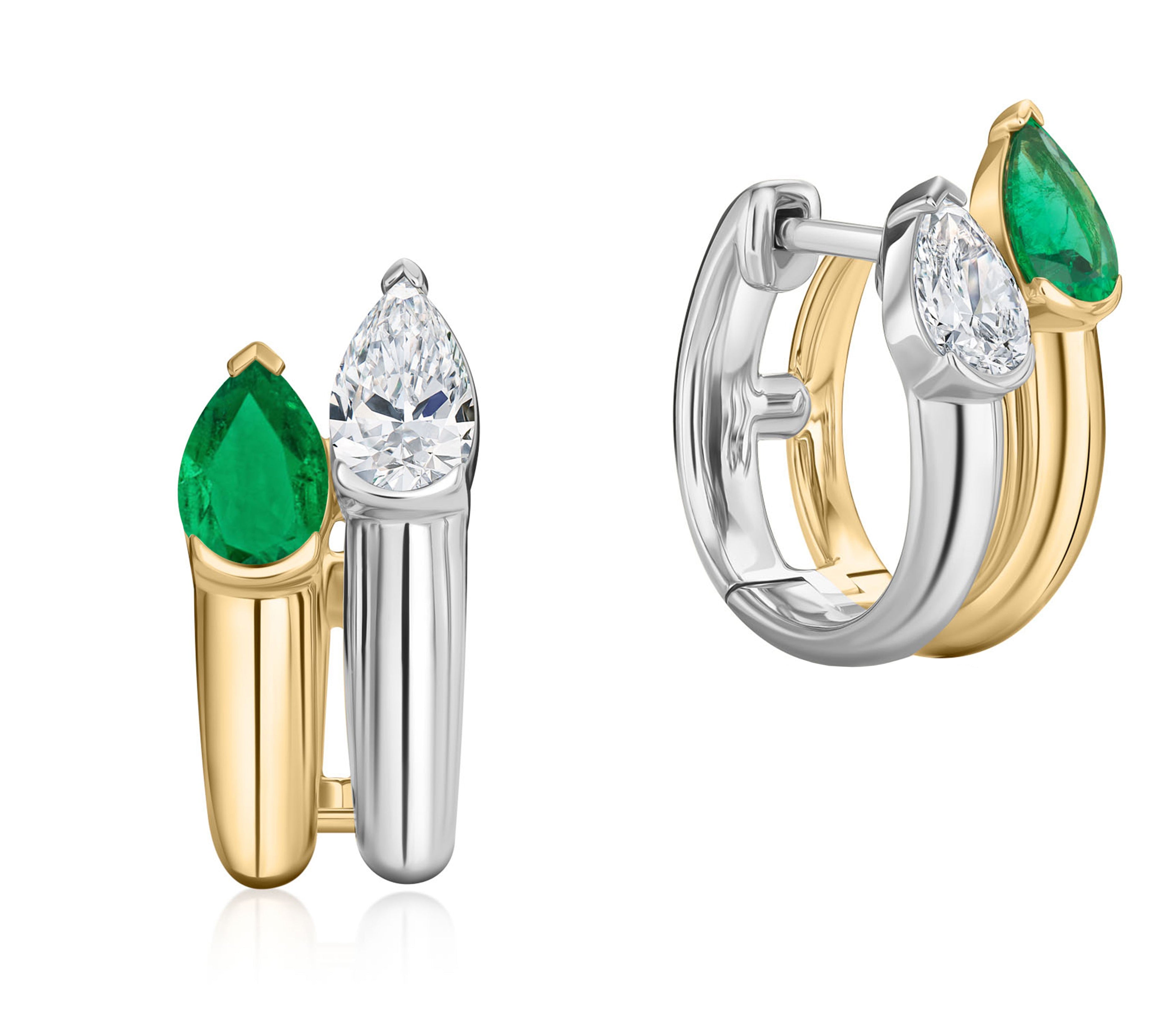 Pear Shape Diamond & Colombian Emerald Toi et Moi Huggies