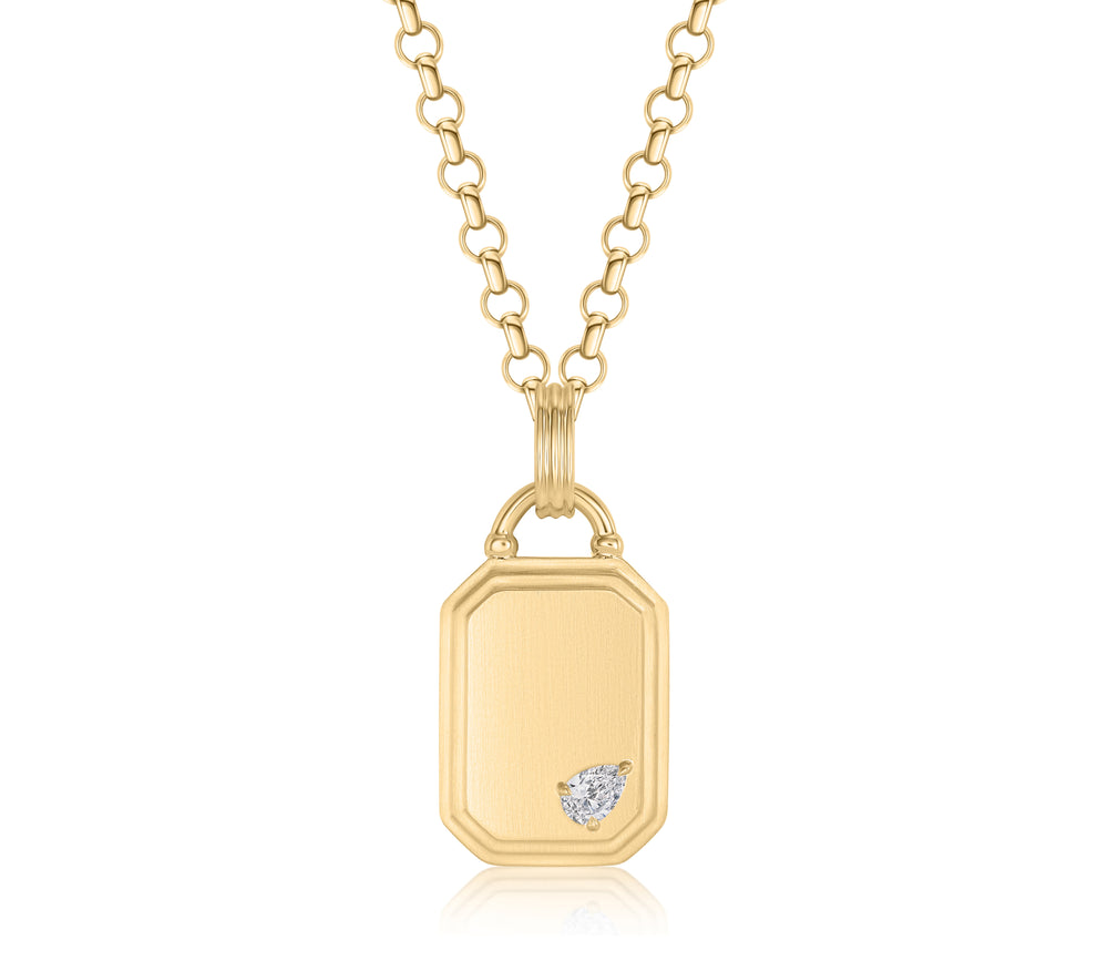 18k Yellow Gold 18mm Dog Tag Pear Diamond Necklace