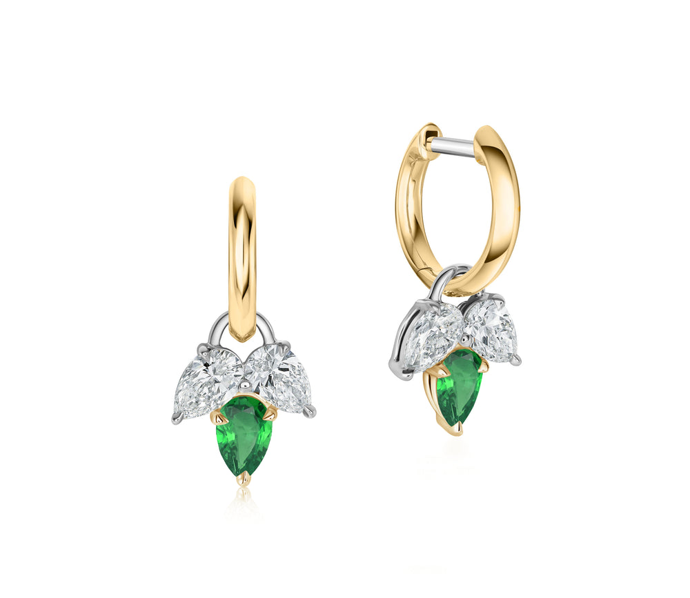 Pear Shape Diamond & Colombian Emerald Triple Leaf Huggies