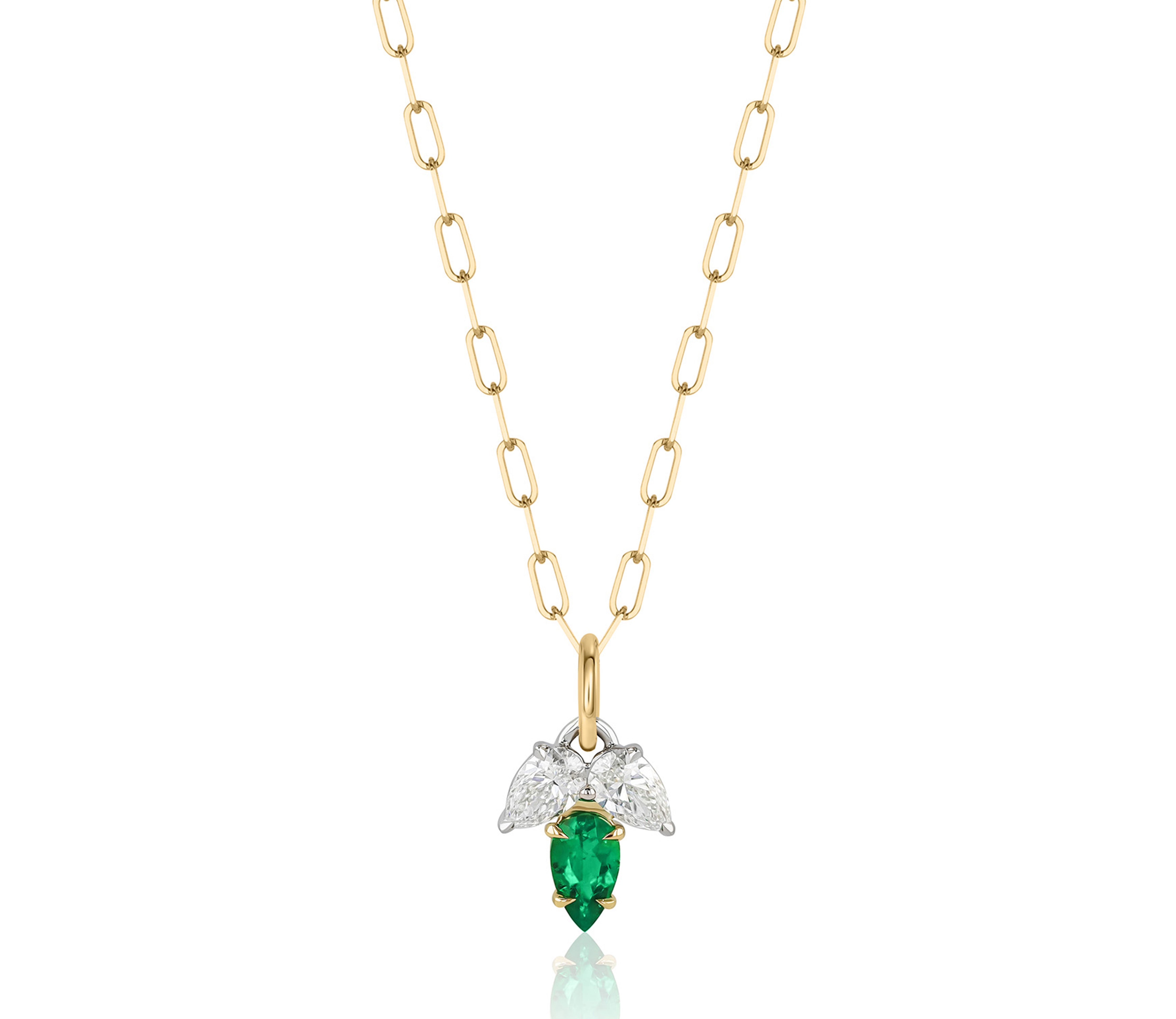 Triple Leaf Diamond & Emerald Pear Necklace