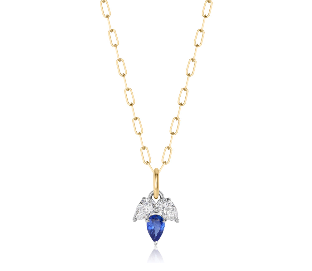 Triple Leaf Diamond & Blue Sapphire Pear Necklace