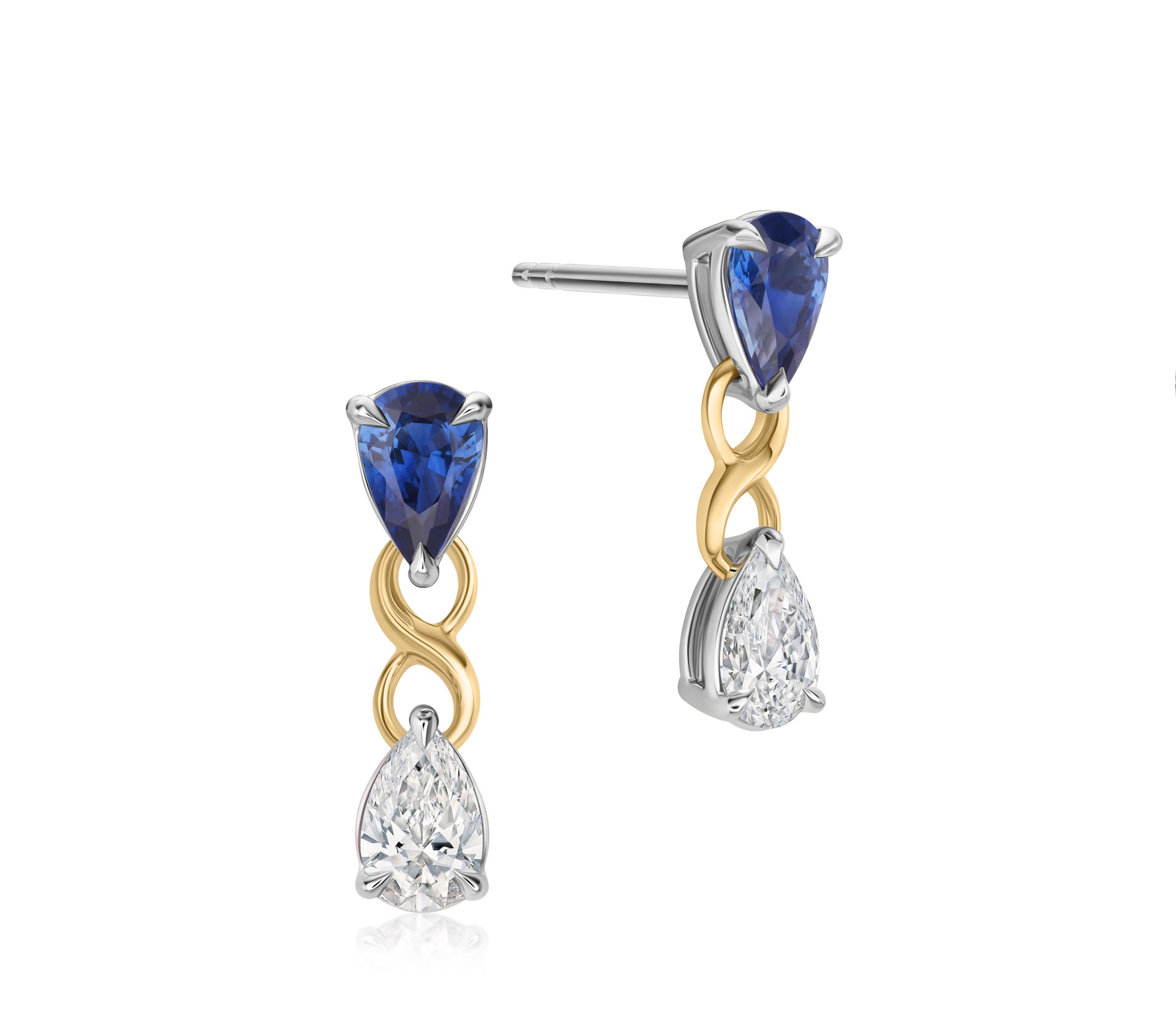 Pear Shape Diamond & Blue Sapphire Twist Connection Earrings