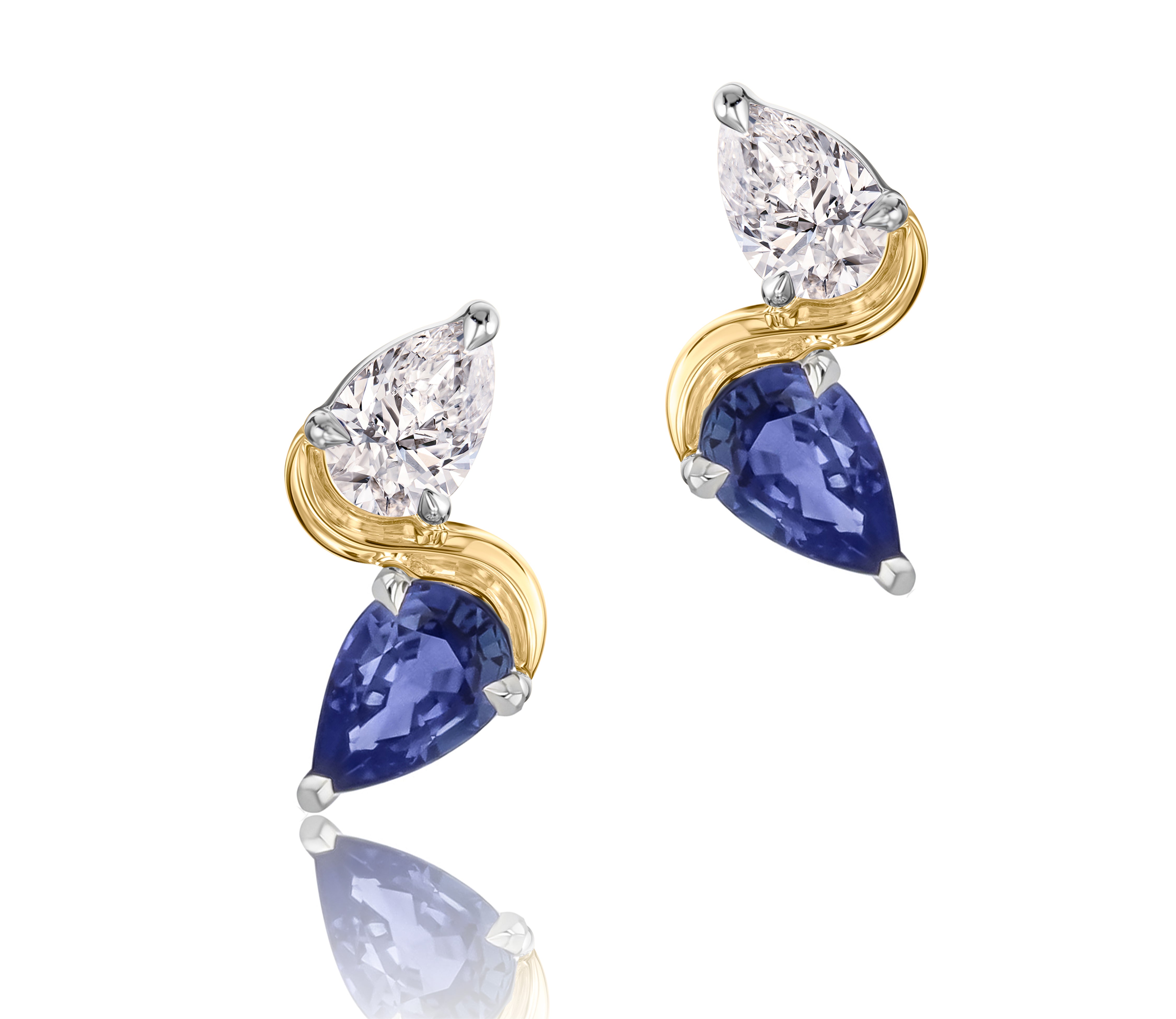 Double Pear Shape Diamond & Blue Sapphire Knife Edge Studs